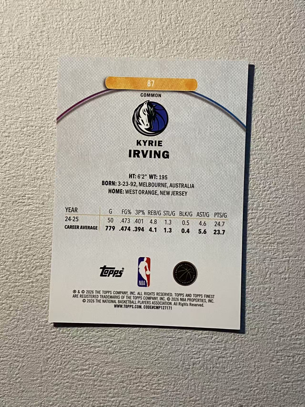2026 Topps Finest Kyrie Irving finest 独行侠 凯里 欧文 欧神仙 /75编 泼墨折 折射 收藏必备