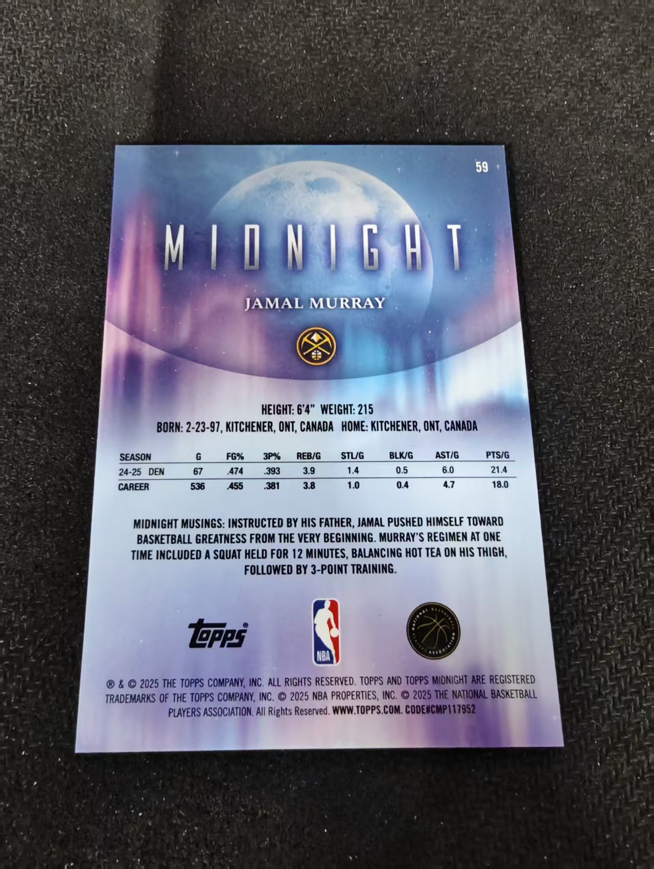 2025-26 Topps Mionight Jamal Murray 元年篮球午夜 丹佛掘金 口曼巴 贾马尔 穆雷 默里 折射 瑕疵如图