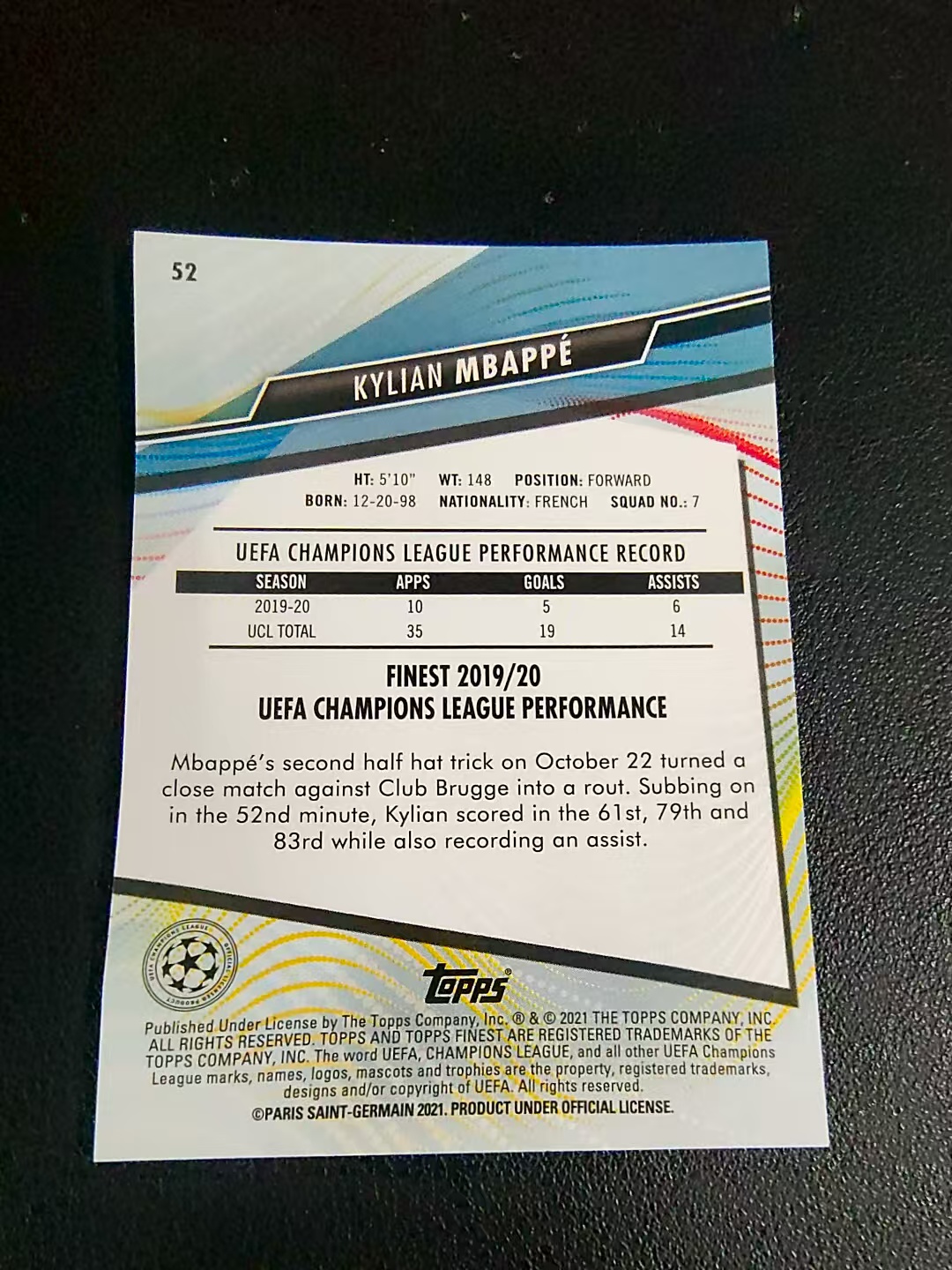 【可合并,不累计】2021 Topps Finest Kylian Mbappe 欧冠 巴黎圣日耳曼 姆巴佩 划痕 边角瑕疵 #52