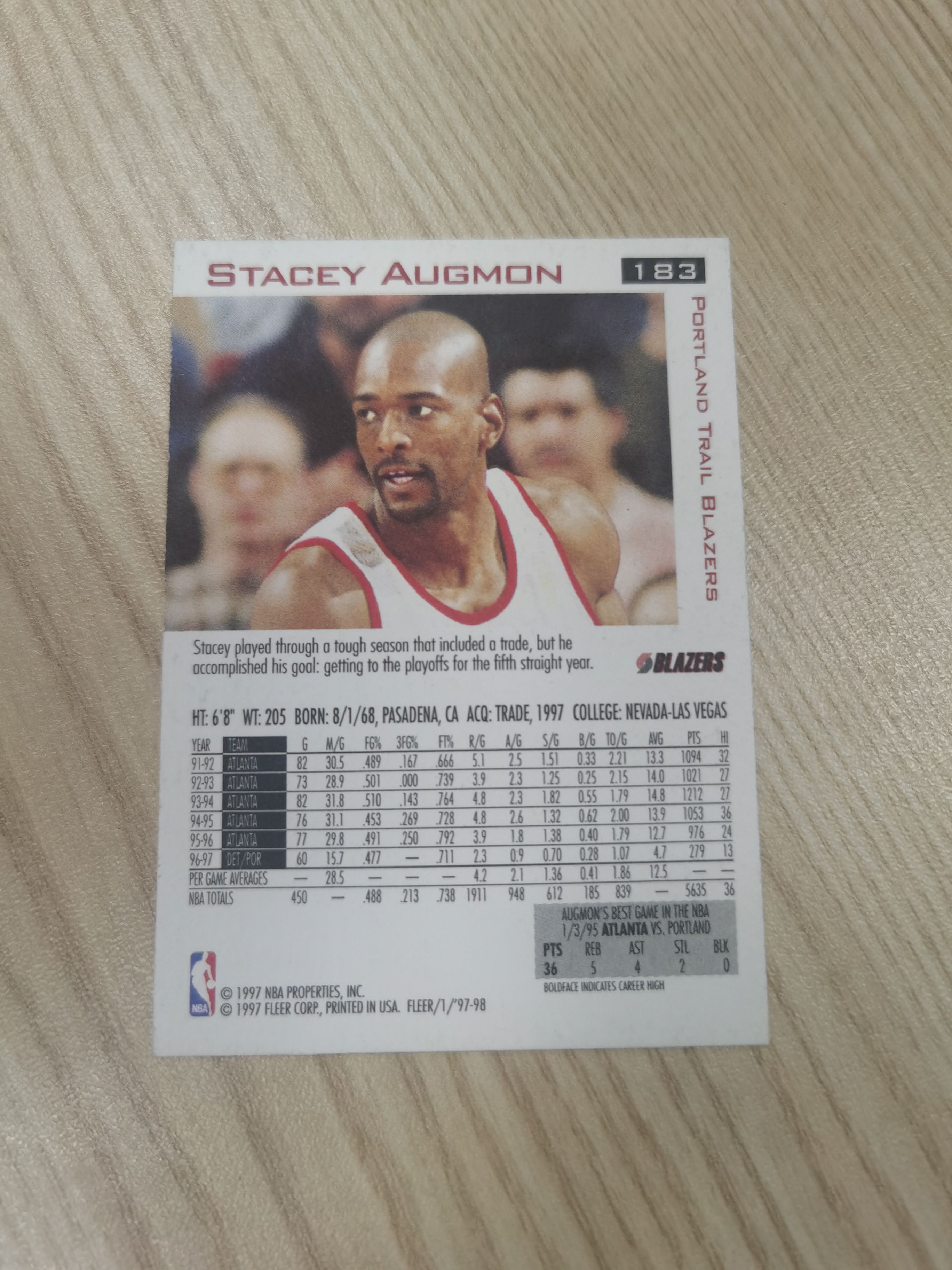 1997-98 Fleer Base Stacey Augmon 1997-98 斯特西·奥格蒙 fleer 金标 画报材质 92年最佳新秀阵容 绰号塑胶人 开拓者 硬通货 极具收藏价值
