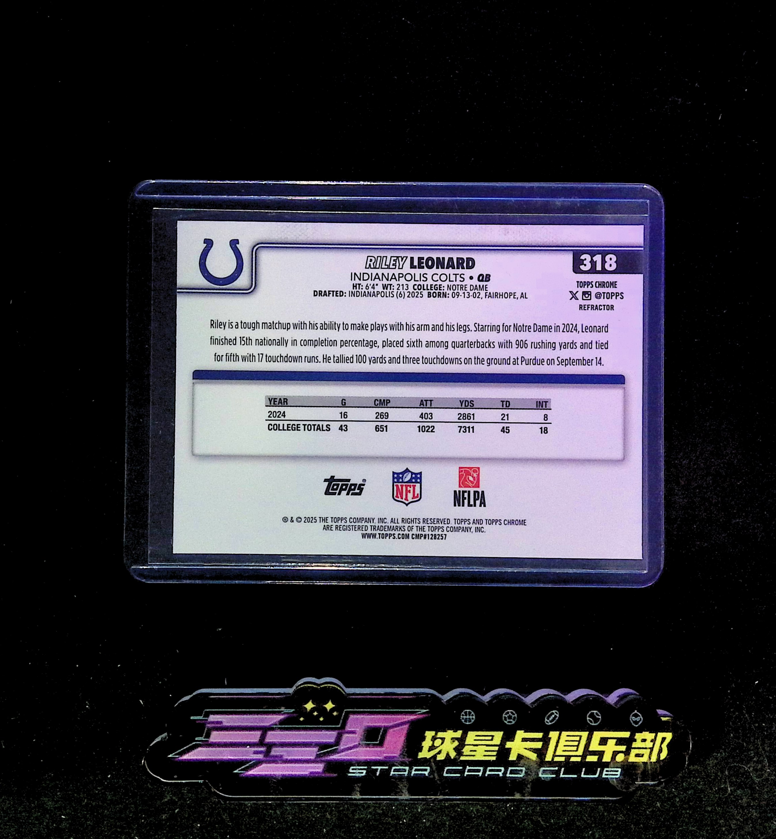 4306【330球星卡实体店代卖】2025 NFL Topps Chrome TC 橄榄球 RILEY LEONARD 杜克飞人 莱利伦纳德 RC新秀 银折(UK23)