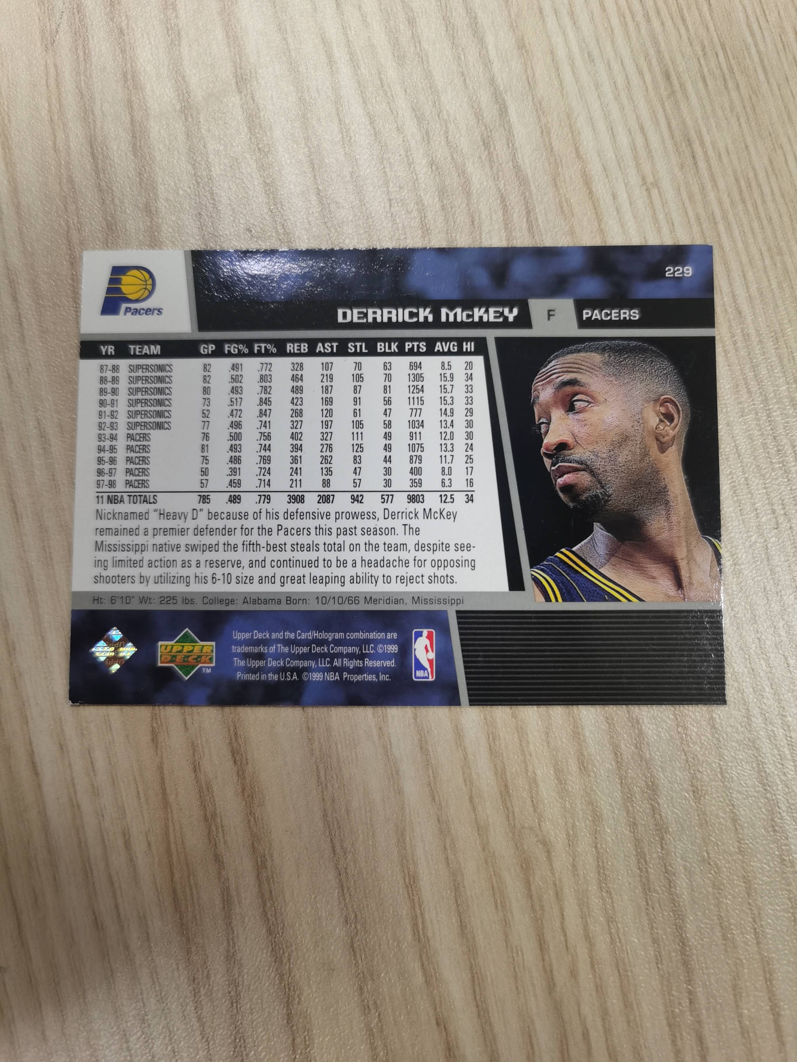 1998-99 Upper Deck Base Derrick McKey 1998-99 德里克-麦凯 UD 银标 2届最佳防守阵容二阵 新秀一阵 #229 步行者 硬通货 极具收藏价值