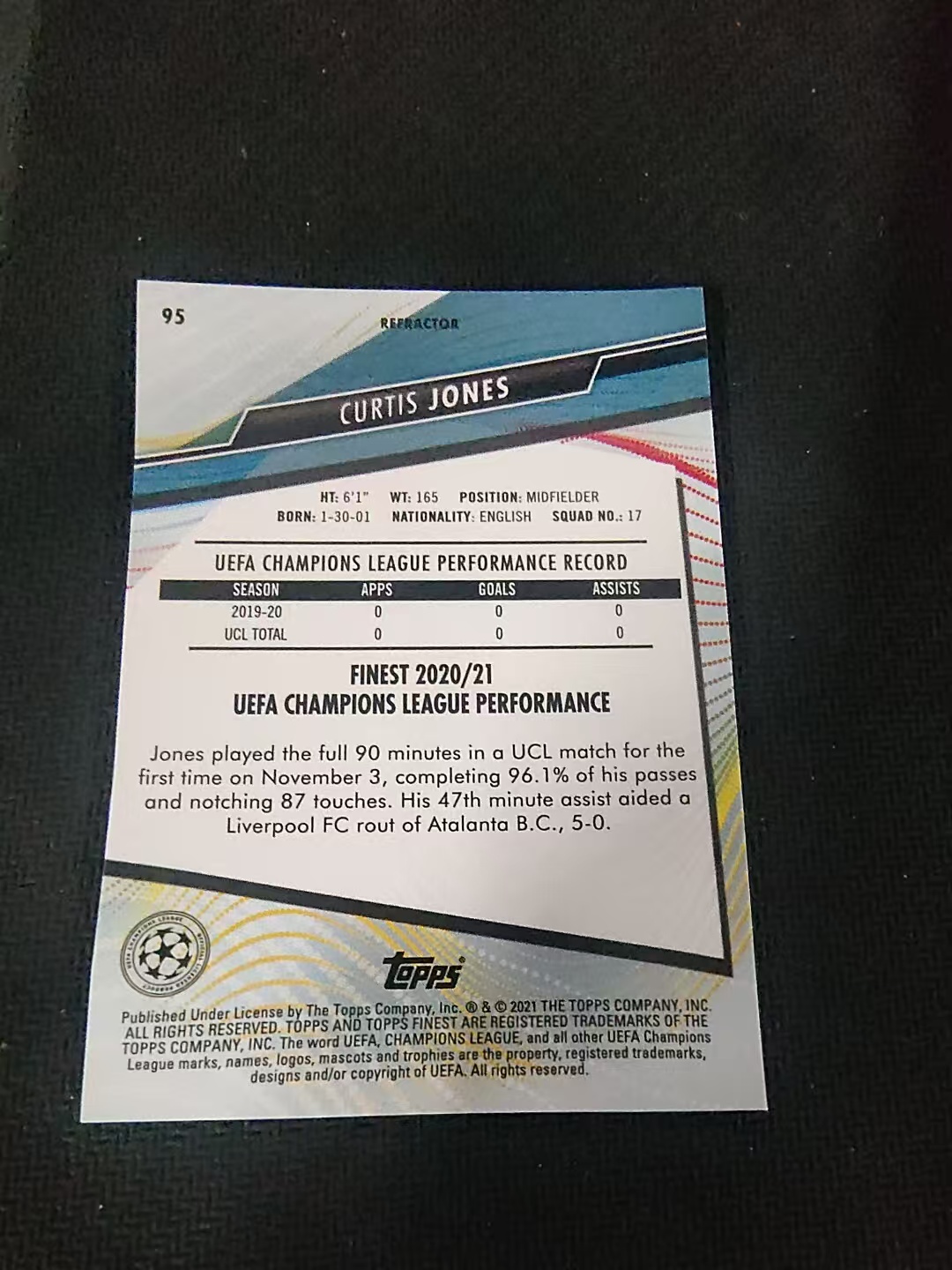 【可合并,不累计】2021 Topps Finest Curtis Jones RC 新秀 柯蒂斯 琼斯 利物浦 欧冠 银折 #95