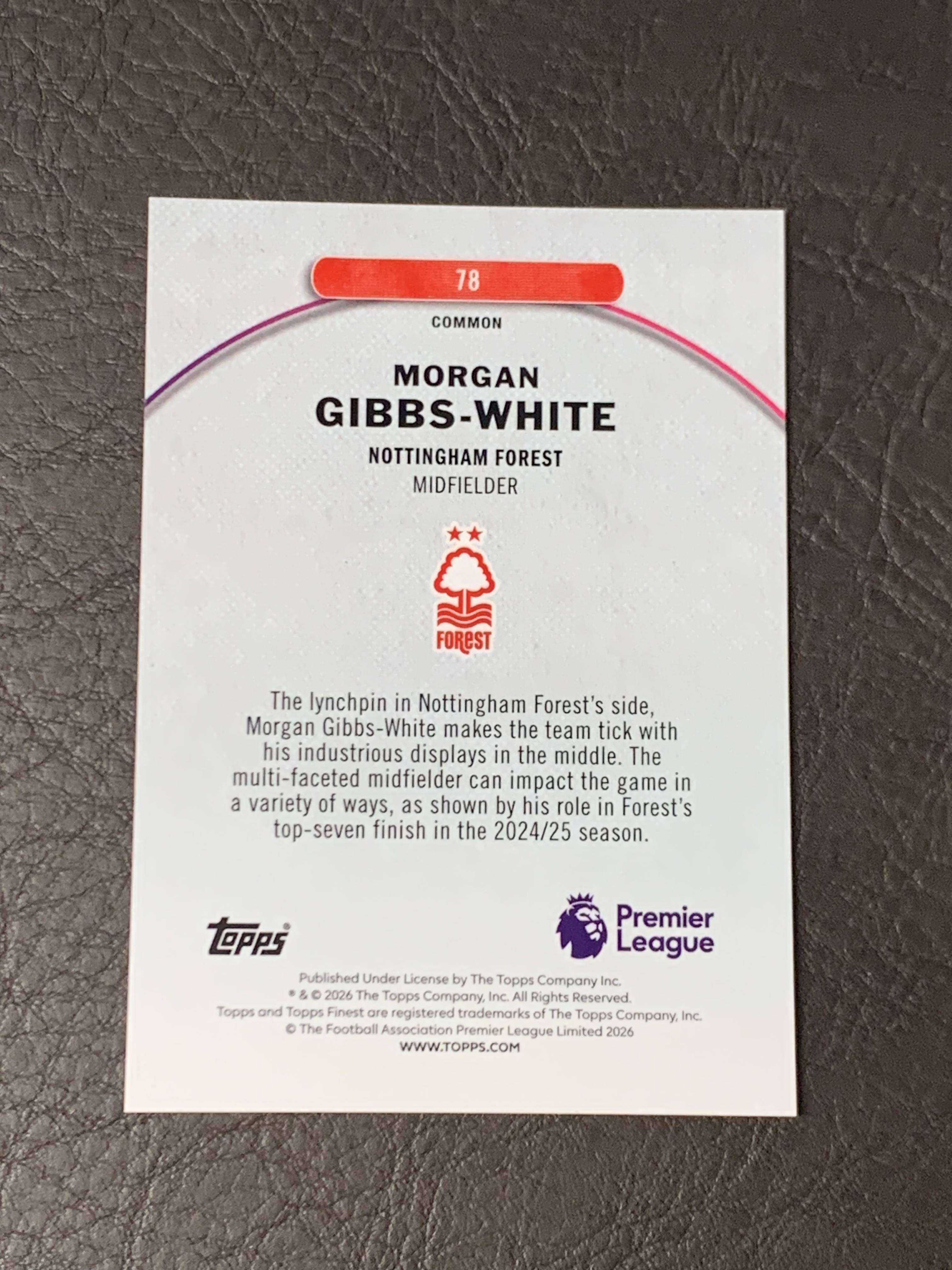 2026 Topps Finest Morgan Gibbs-White 英超 元年 吉布斯怀特 诺丁汉森林 英超 30/99编 尾编 蓝折