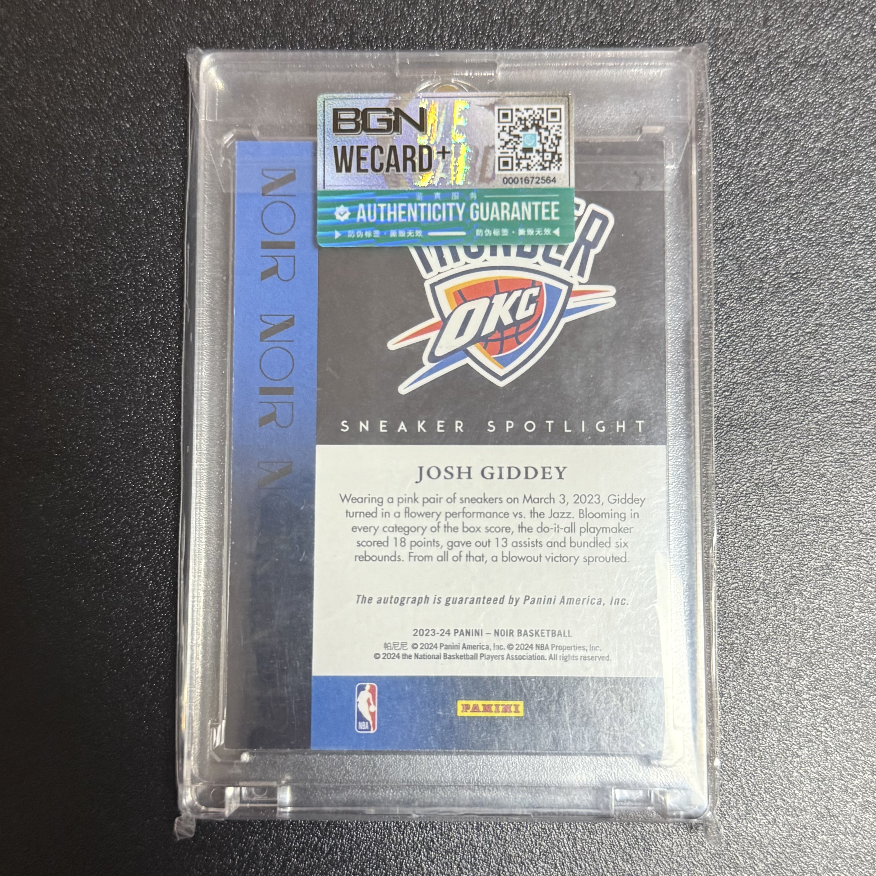 2023-24 Panini Noir Josh Giddey 诺尔 雷霆 约什 吉迪 签字 卡签 /99编 科比鞋 鞋灯 镜面签 鉴真封 球鞋聚光灯 现公牛老大 队友布泽利斯 不保卡品 通行 收藏