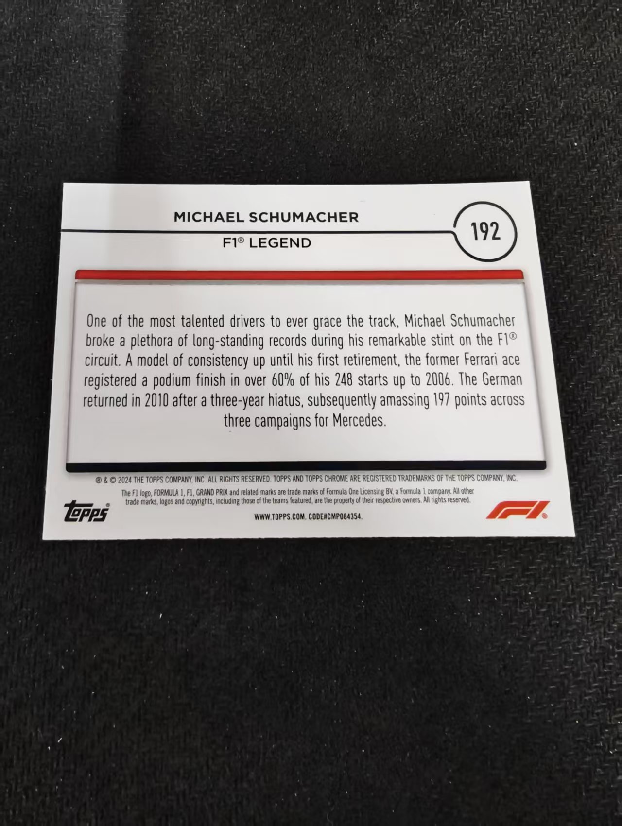 2024 Topps Chrome F1 Michael Schumacher 法拉利 传奇车王 迈克尔 舒马赫 划痕 边角瑕疵 #192