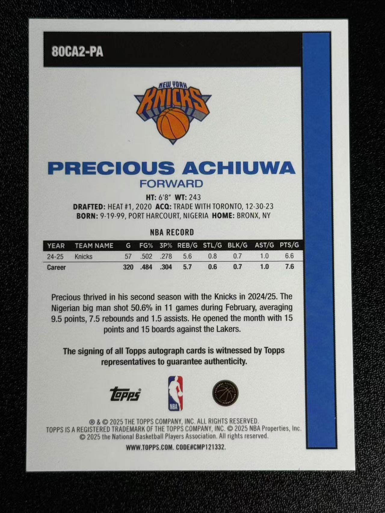 2025 Topps Topps Precious Achiuwa 普雷舍斯 阿丘瓦 TC系列 复古主题 25编 尾编 特卡 签字 签名 卡品瑕疵 #Wes# 160