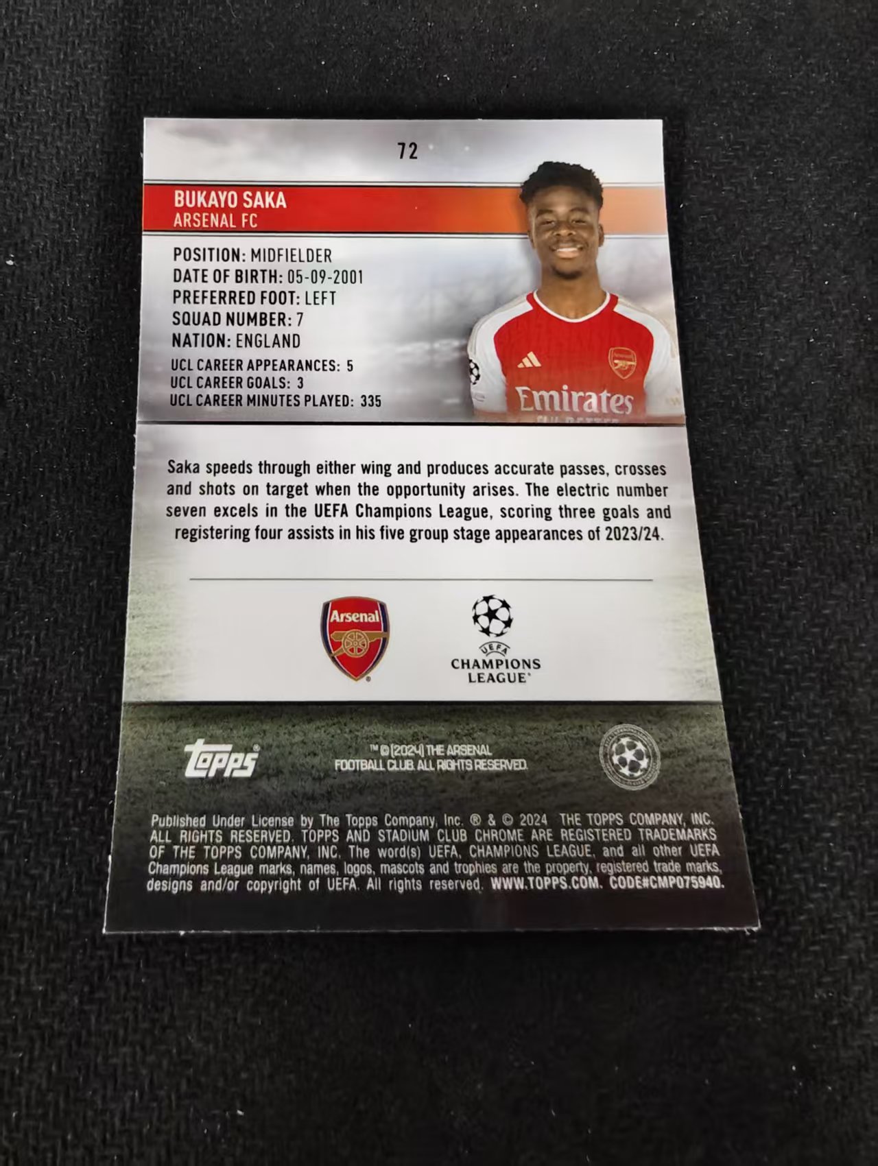 【可合并,不累计】2024 Topps Stadium Club Chrome Bukayo Saka 布卡约萨卡 阿森纳 竞技场 欧冠 不保卡品 介意勿拍 #72