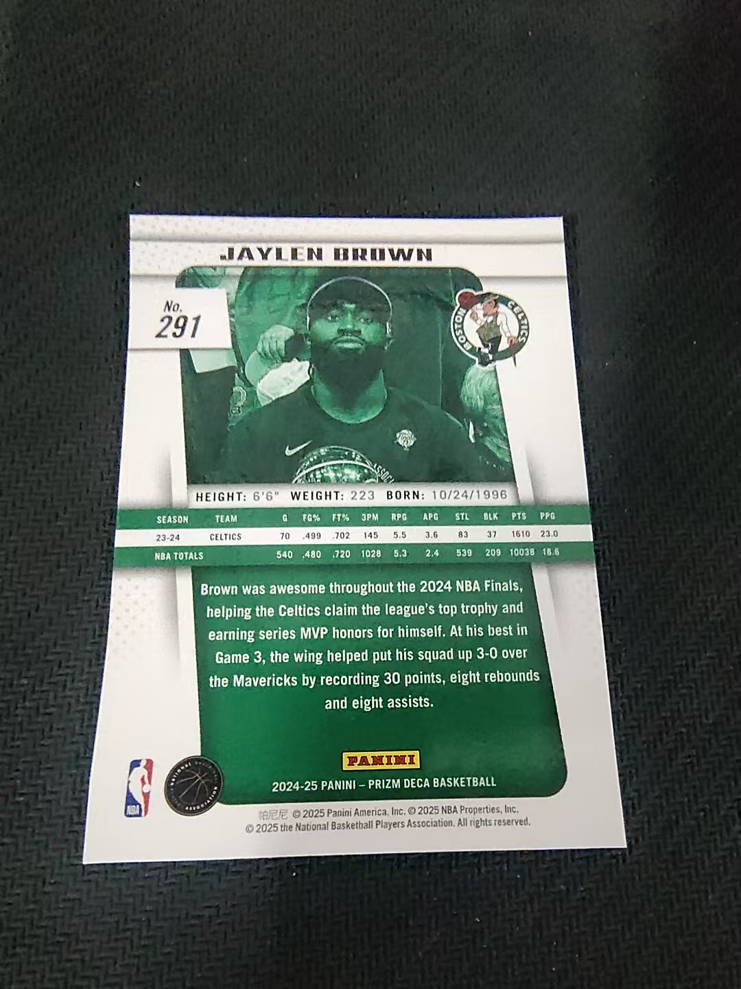【可合并,不累计】2024-25 Panini Prizm DECA Jaylen Brown 杰伦 布朗 凯尔特人 复刻PZ MVP 捧杯 划痕 边角瑕疵 #291