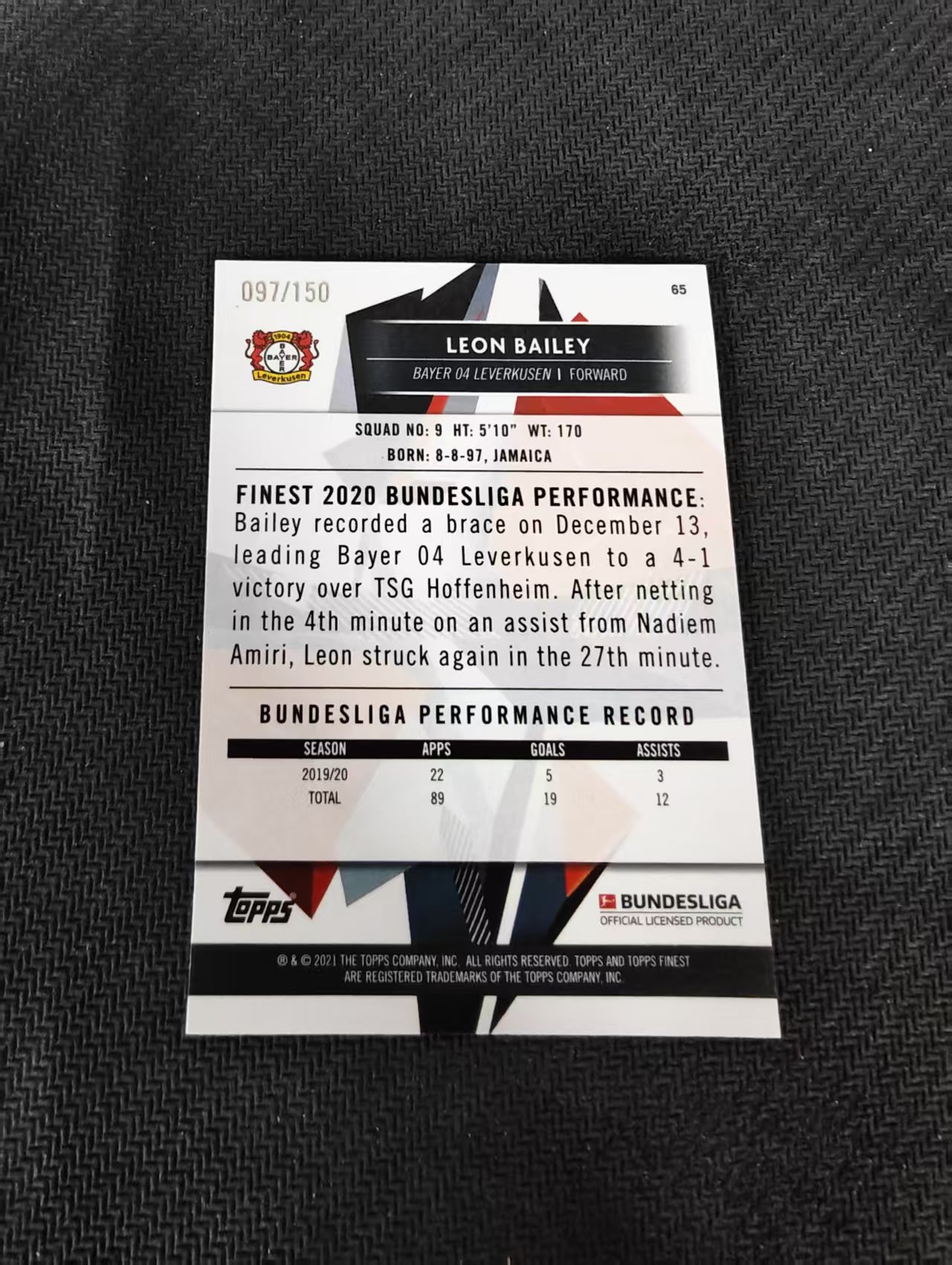【可合并,不累计】2021 Topps finest Leon Bailey 德甲 勒沃库森 莱昂 拜利 蓝波纹 150编 瑕疵如图