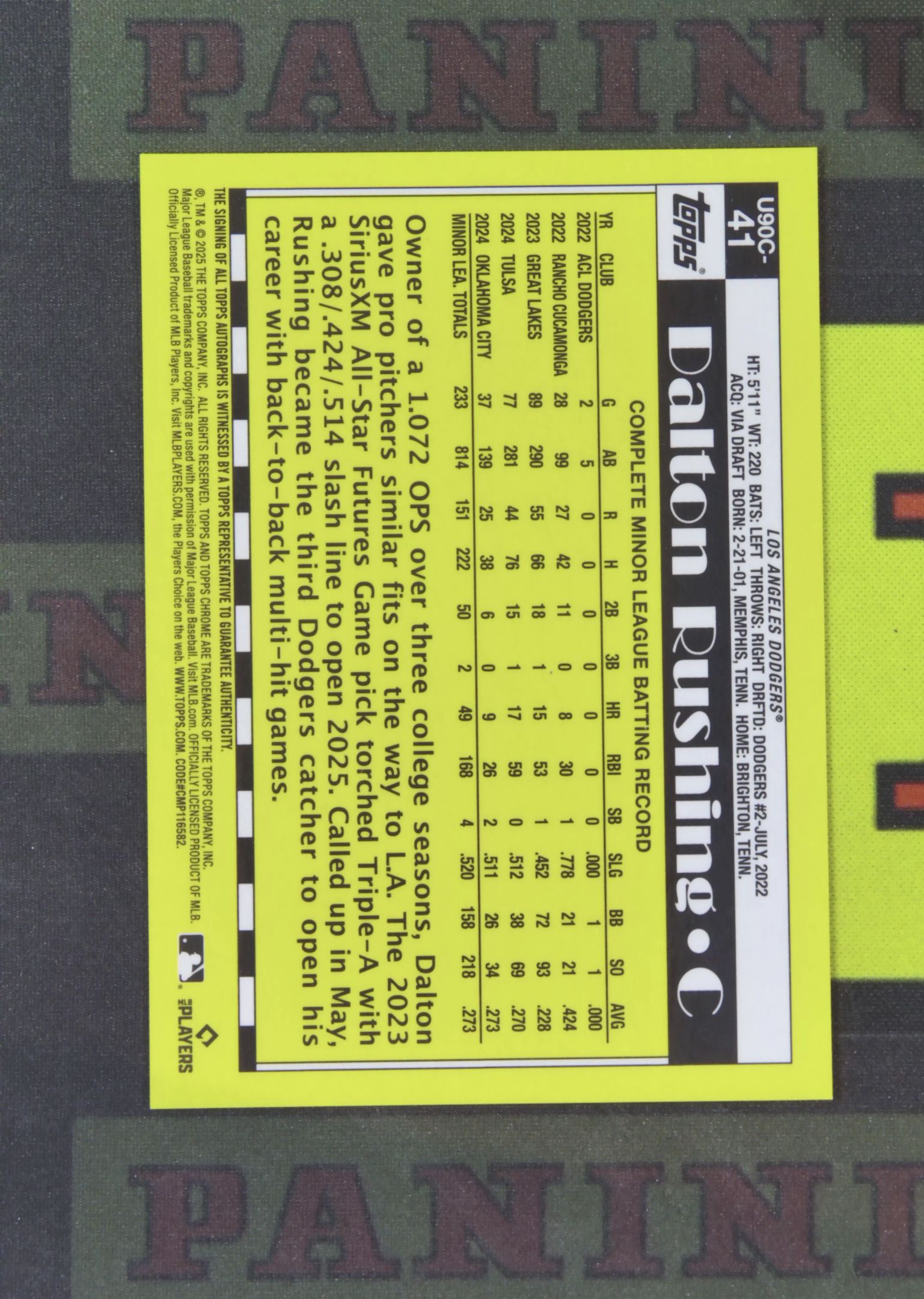 2025 Topps Chrome Dalton Rushing RC Nirvana Project 道尔顿 拉辛 洛杉矶道奇 新秀 05/10 签字 黑折 折射 复古 TC卡品如图 panpan¥