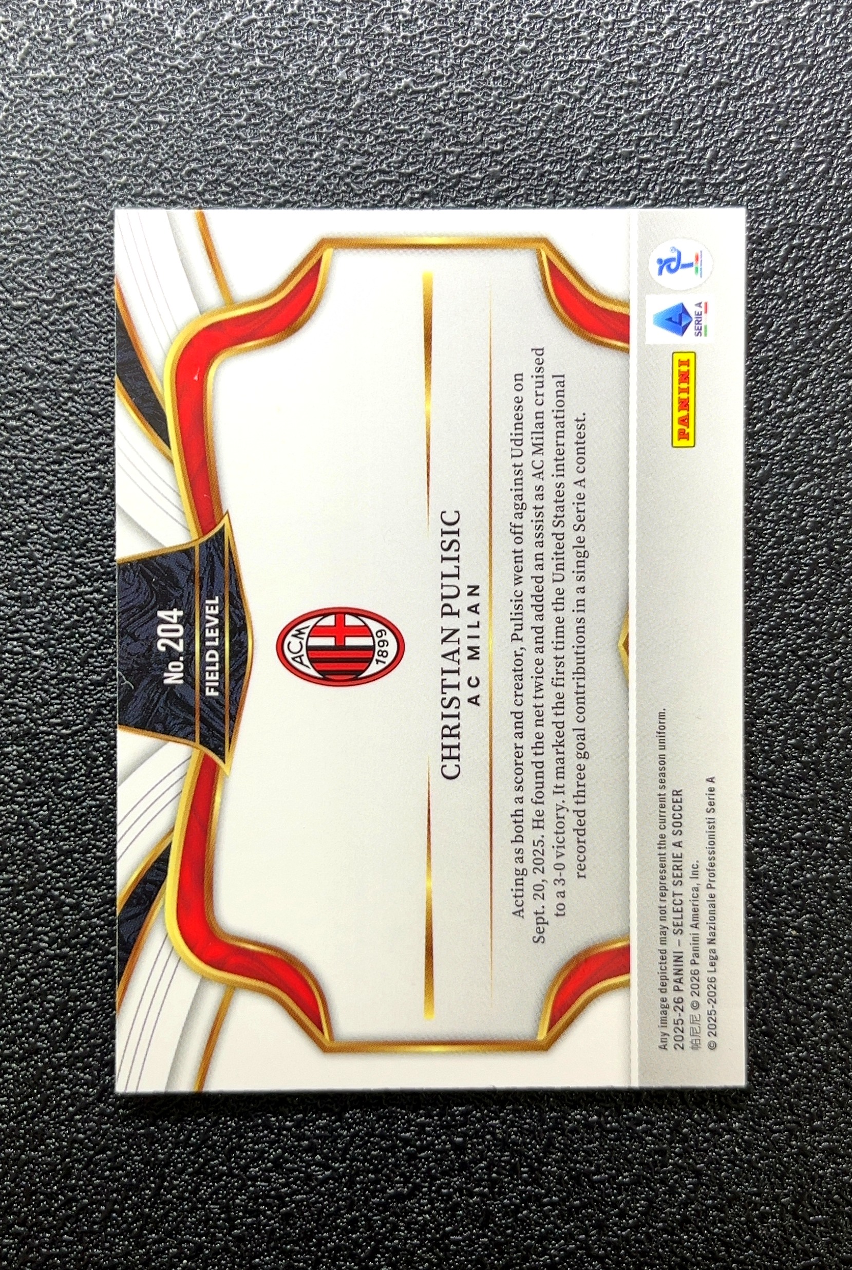 【岛屿拍卖】2025-26 Panini Select 三级 CHRISTIAN PULISIC 克里斯蒂安·普利西奇 卡品如图 高价值 #204 AC MILAN 米兰 0015#183