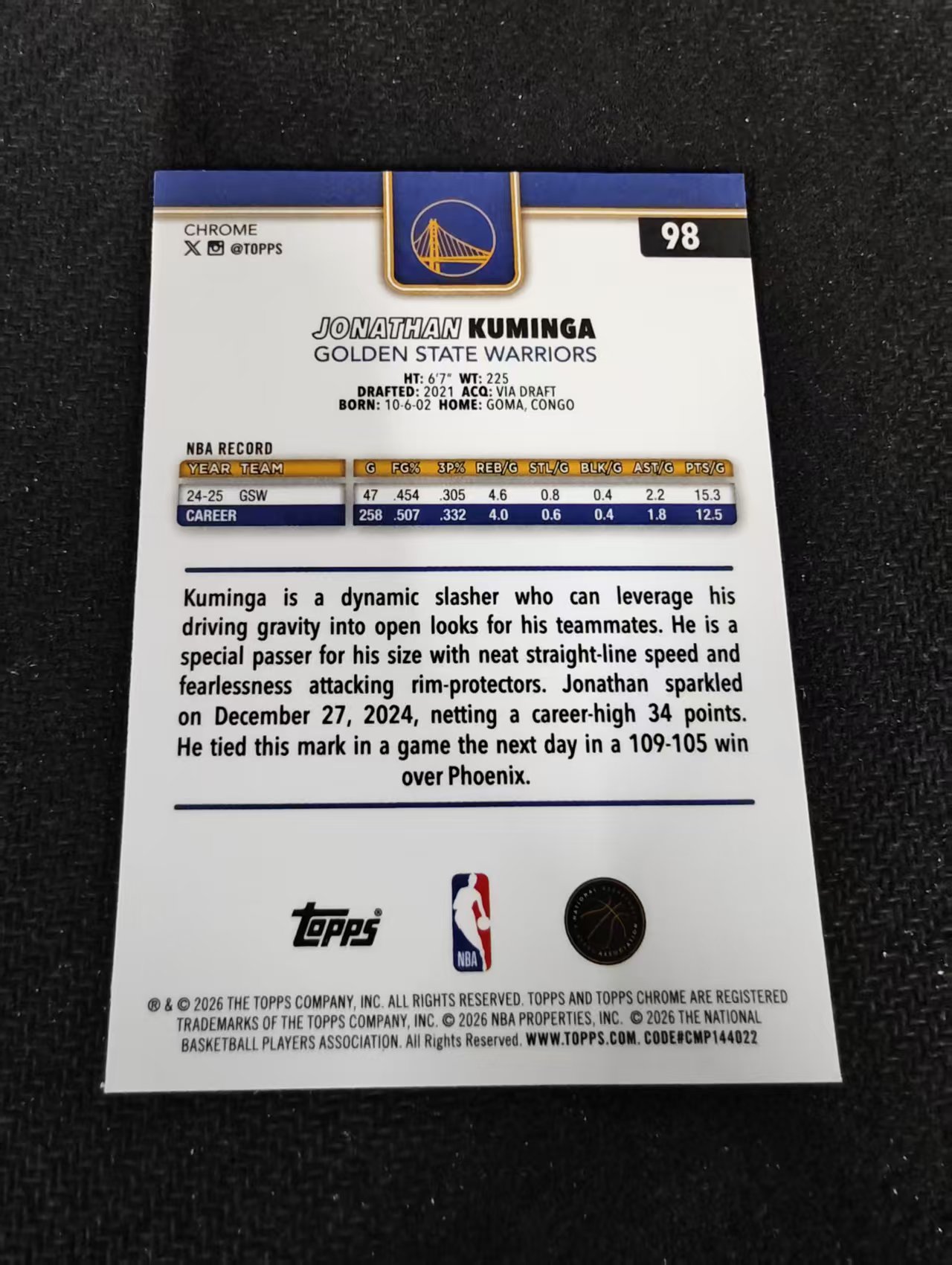 2026 Topps Chrome Update Jonathan Kuminga 勇士 乔纳森 库明加 TCU 划痕 边角瑕疵 #98
