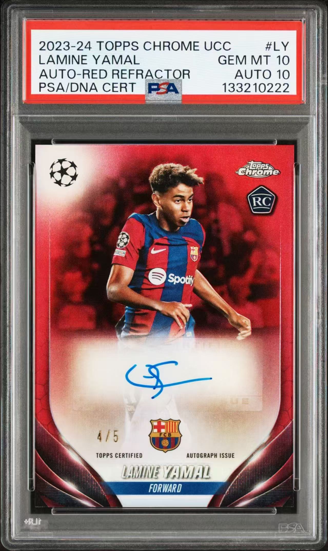 【怒射拍卖 接代卖】拔脚大哥A1 2023-24 topps chrome UCC 西班牙 Lamine Yamal 亚马尔 巴萨 欧冠 RC新秀 签字 4/5编 红平行COLOR MATCH 红配红 PSA10签字10 双10 POP2！