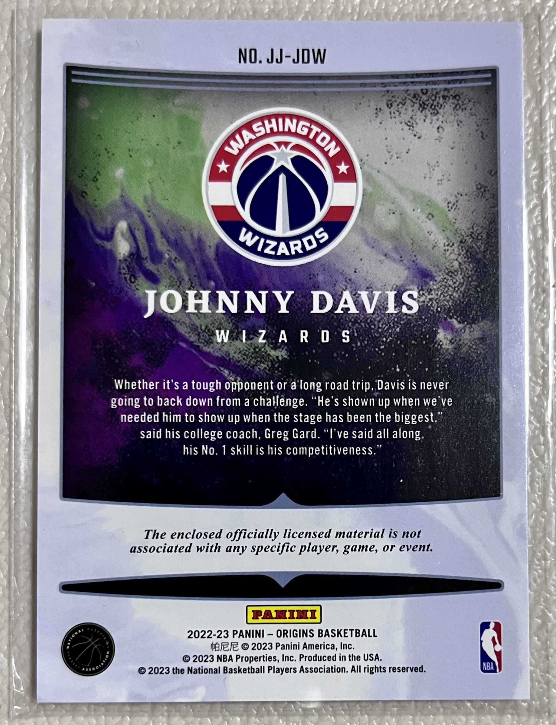 2022-23 Panini Origins Johnny Davis RC 【叶卓凡】帕尼尼球星卡 经典起源系列 物料厚卡 奇才队新秀 约翰尼·戴维斯 高大强壮的双能卫，最擅长的进攻方式是突破上篮
