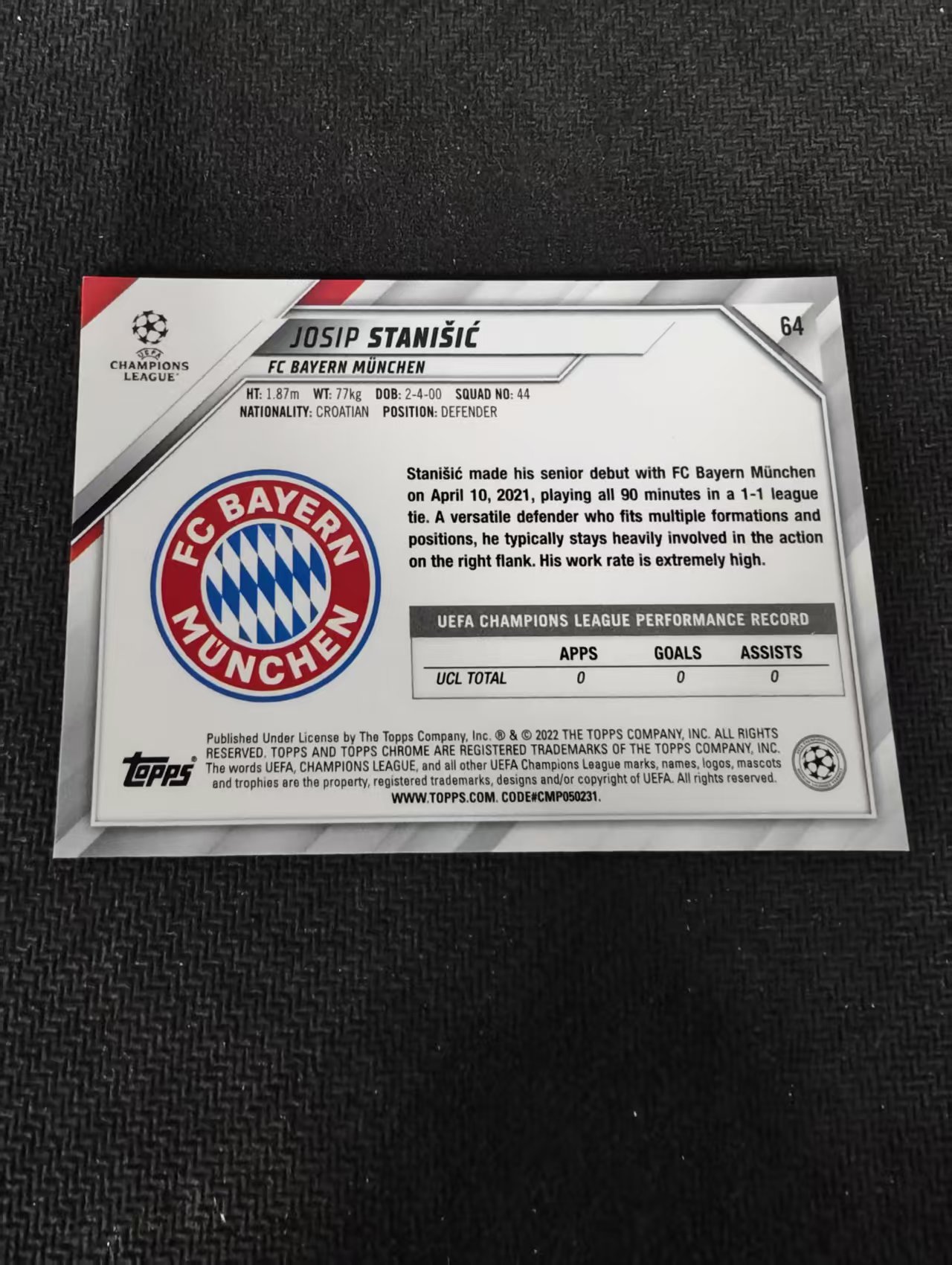 【可合并,不累计】 2022 Topps Chrome Josip Stanisic RC 约瑟普 斯塔尼希奇 拜仁 勒沃库森 欧冠 不保卡品 介意勿拍 #64