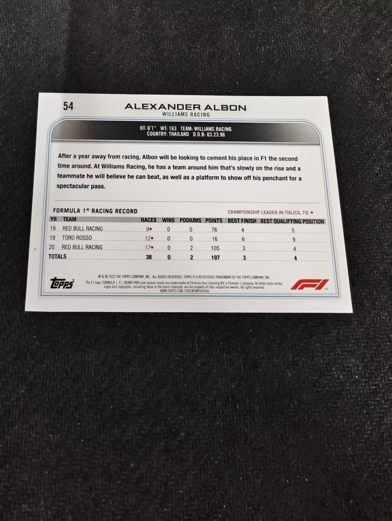 2022 Topps Chrome F1 Alexander Albon F1 威廉姆斯 亚历山大 阿尔本 划痕 边角瑕疵@54
