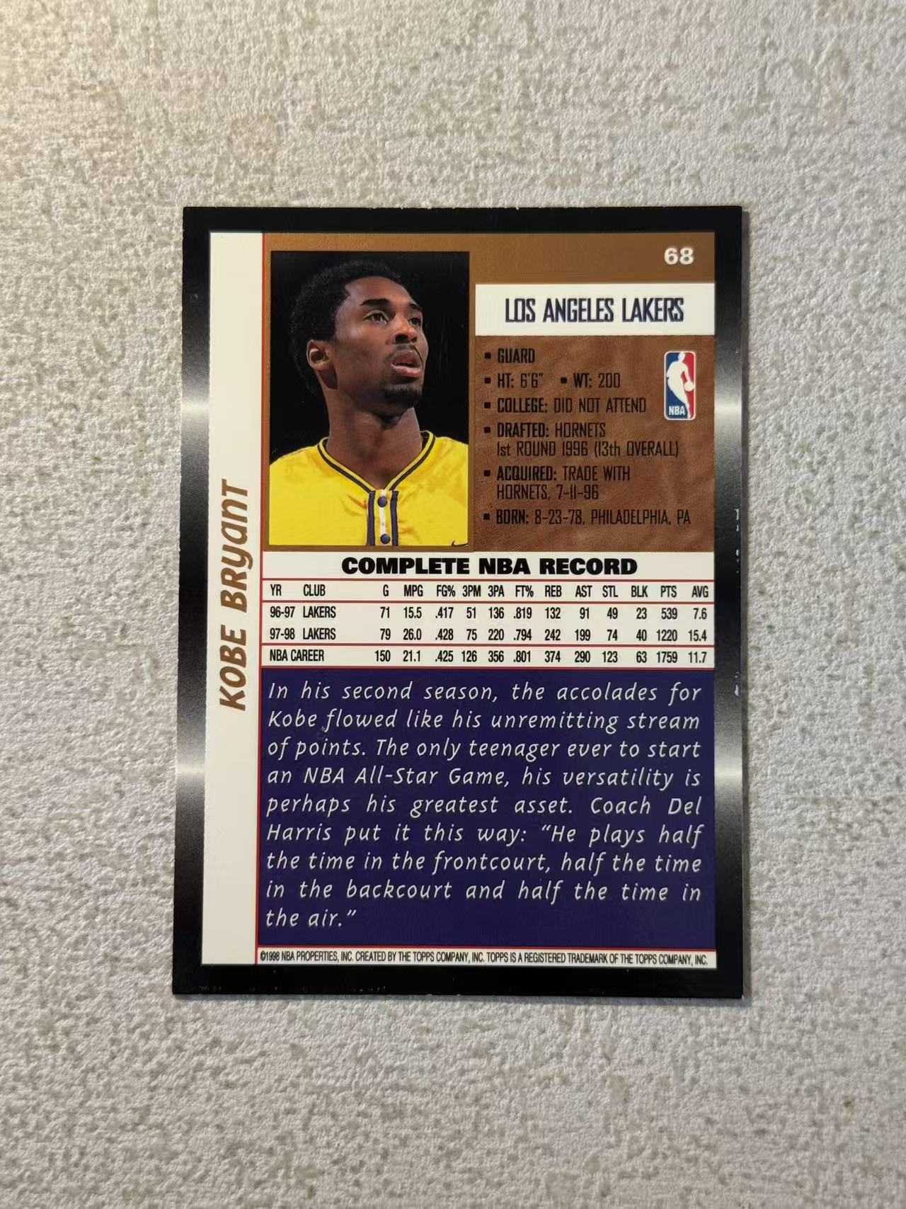 1998 Topps Topps Kobe Bryant 湖人 科比 布莱恩特 大比例 稀有老特 sp 经典选图 收藏必备