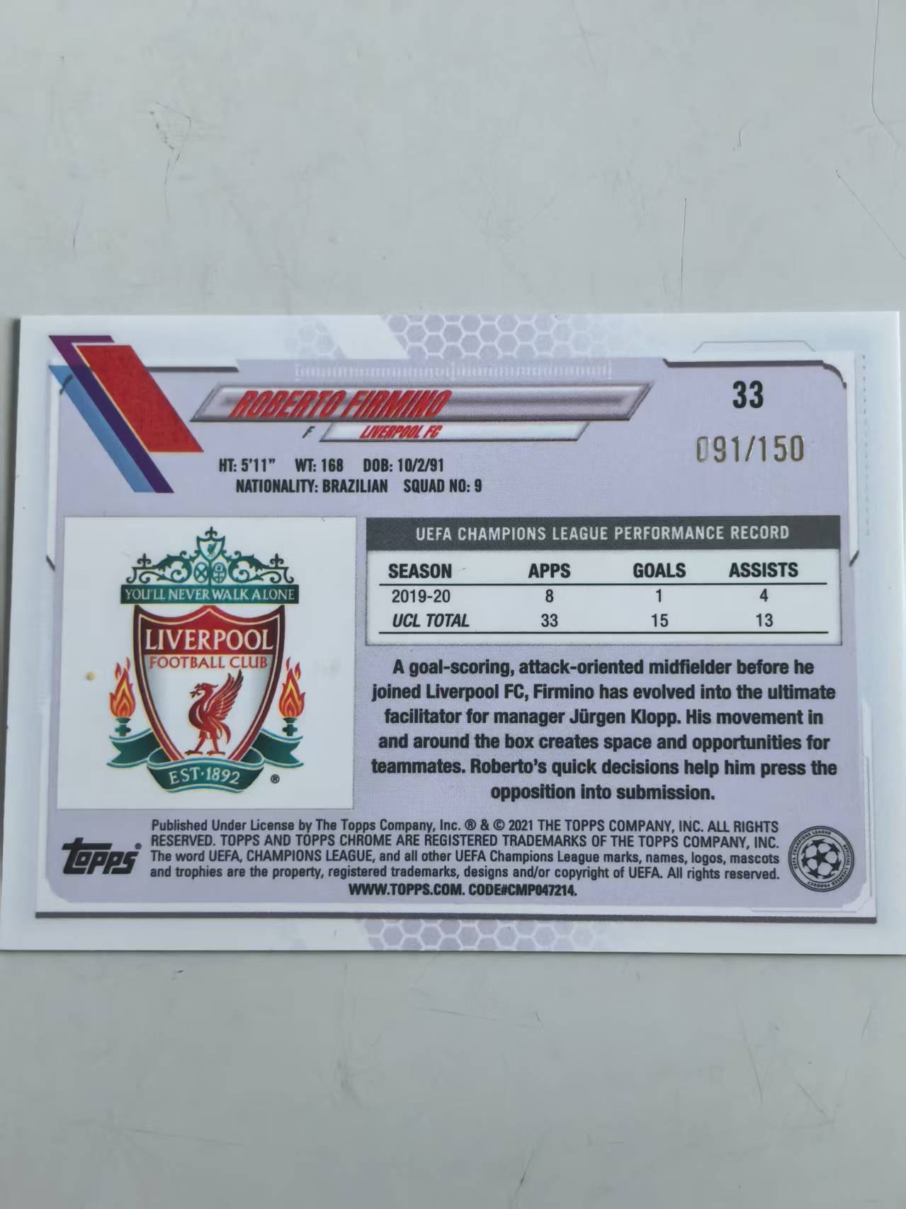 2021 Topps Chrome Roberto Firmino #33 利物浦 欧冠 菲尔米诺 青碎冰 150编 【2025免】