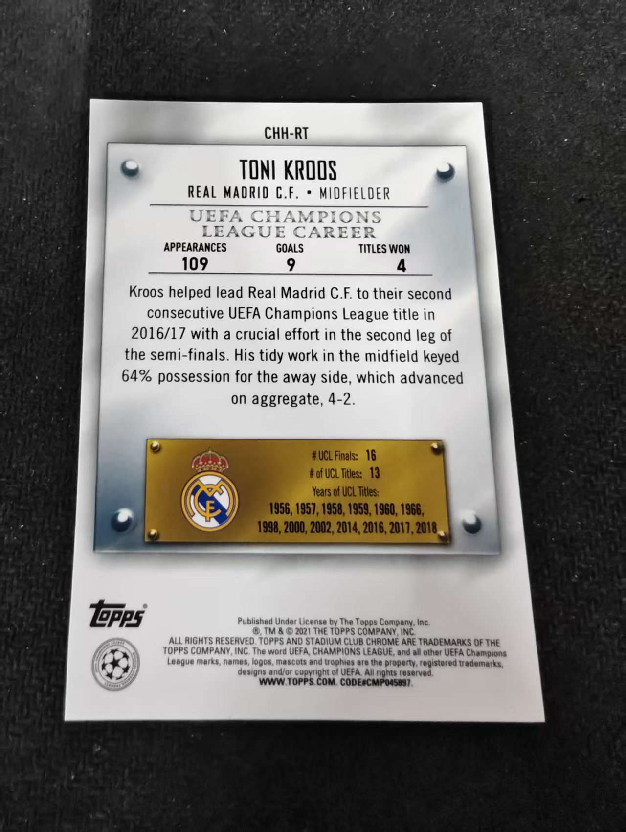 【可合并,不累计】2021 Topps Stadium Club Chrome toni kroos 欧冠竞技场 皇马 托尼 克罗斯 银折 特卡 划痕 边角瑕疵