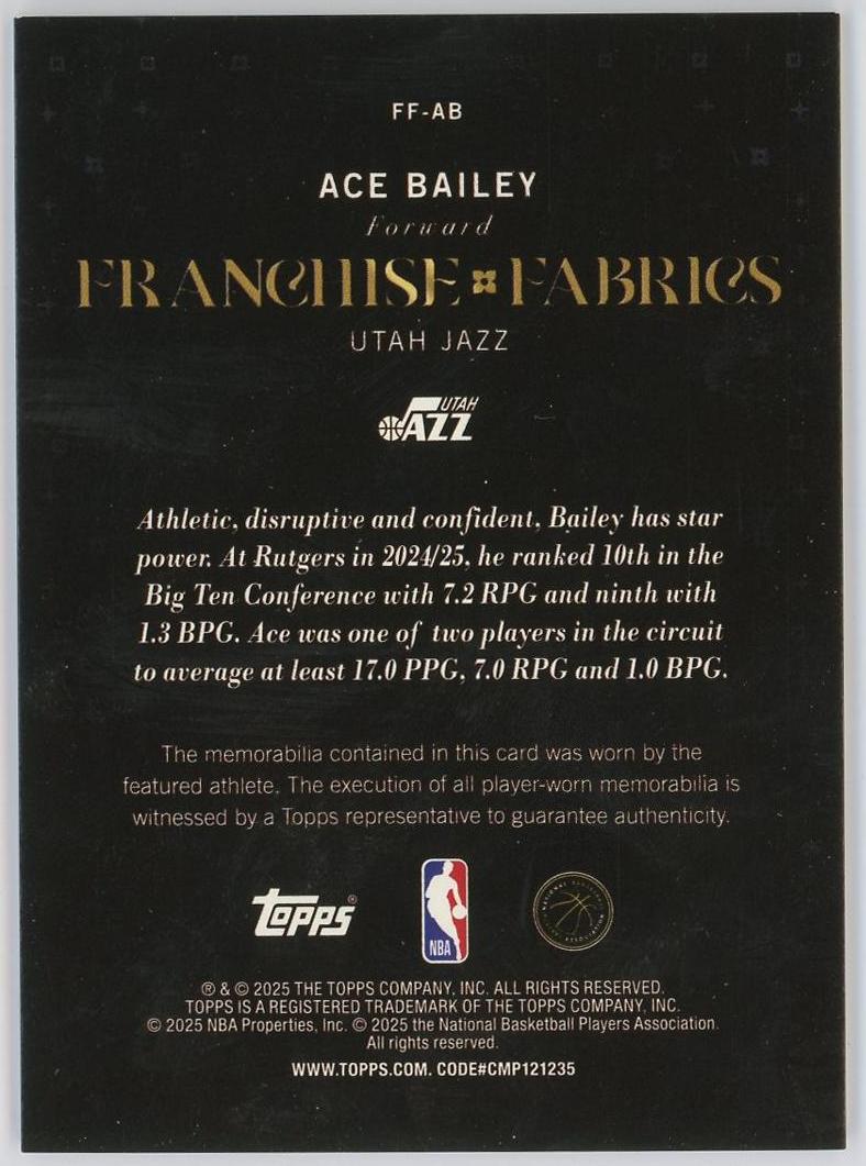 2025-26 Topps Flagship Airious "Ace" Bailey RC 埃斯贝利 新秀 亲穿 球衣 物料 爵士 卡品如图 1BL6/11.27