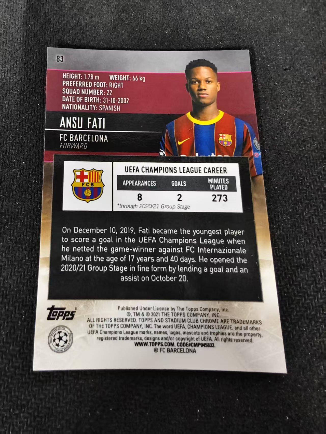 【可合并,不累计】2021 Topps Stadium Club Chrome Ansu Fati 安苏 法蒂 巴萨 欧冠 竞技场 不保卡品 介意勿拍 #83