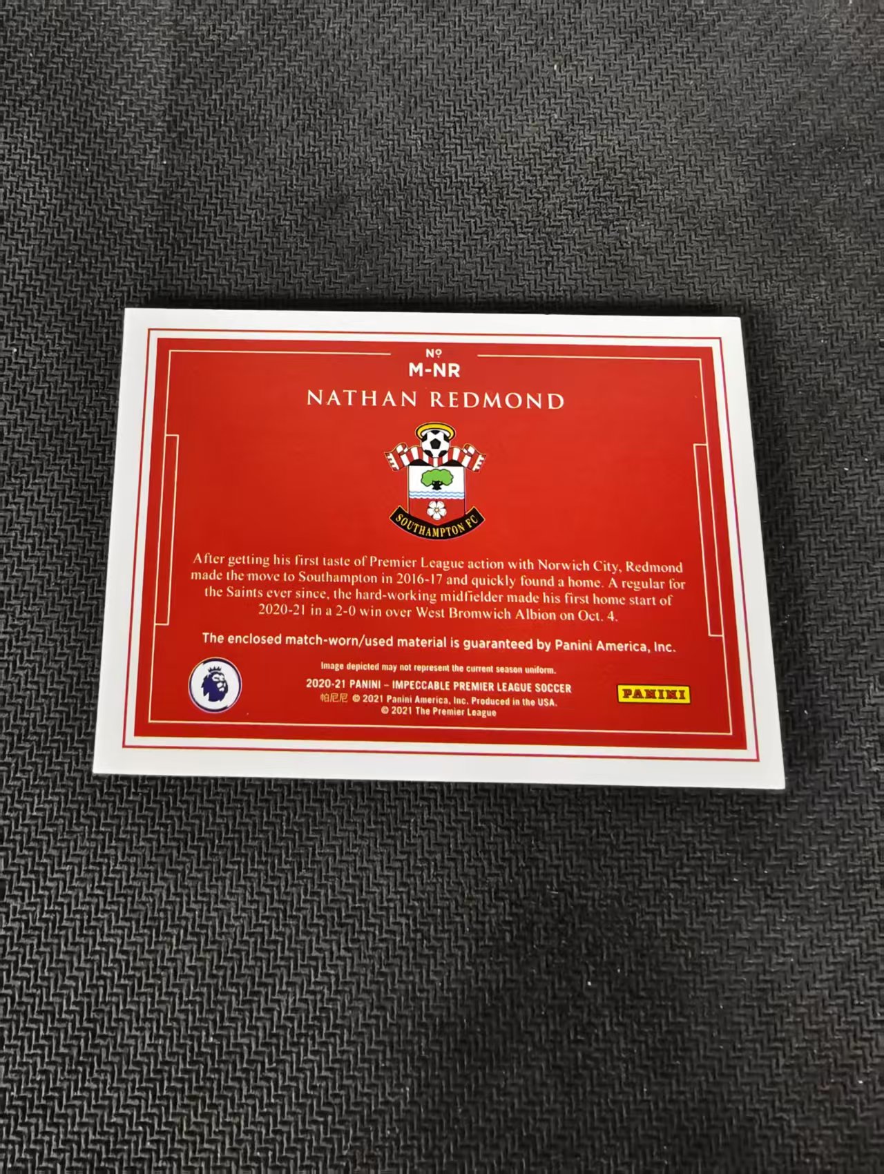 【可合并,不累计】2020-21 Panini Impeccable Nathan Redmond 英超小真金 南安普顿 雷蒙德 25编 球衣物料 划痕 边角微瑕