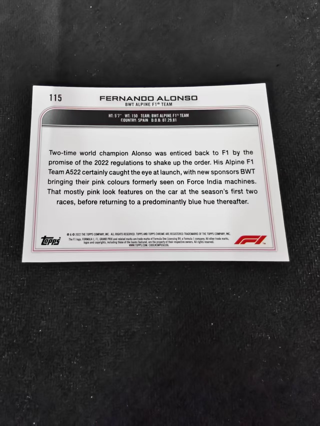 2022 Topps F1 Chrome Fernando Alonso 阿隆索 头哥 阿斯顿马丁 划痕 边角瑕疵 #115