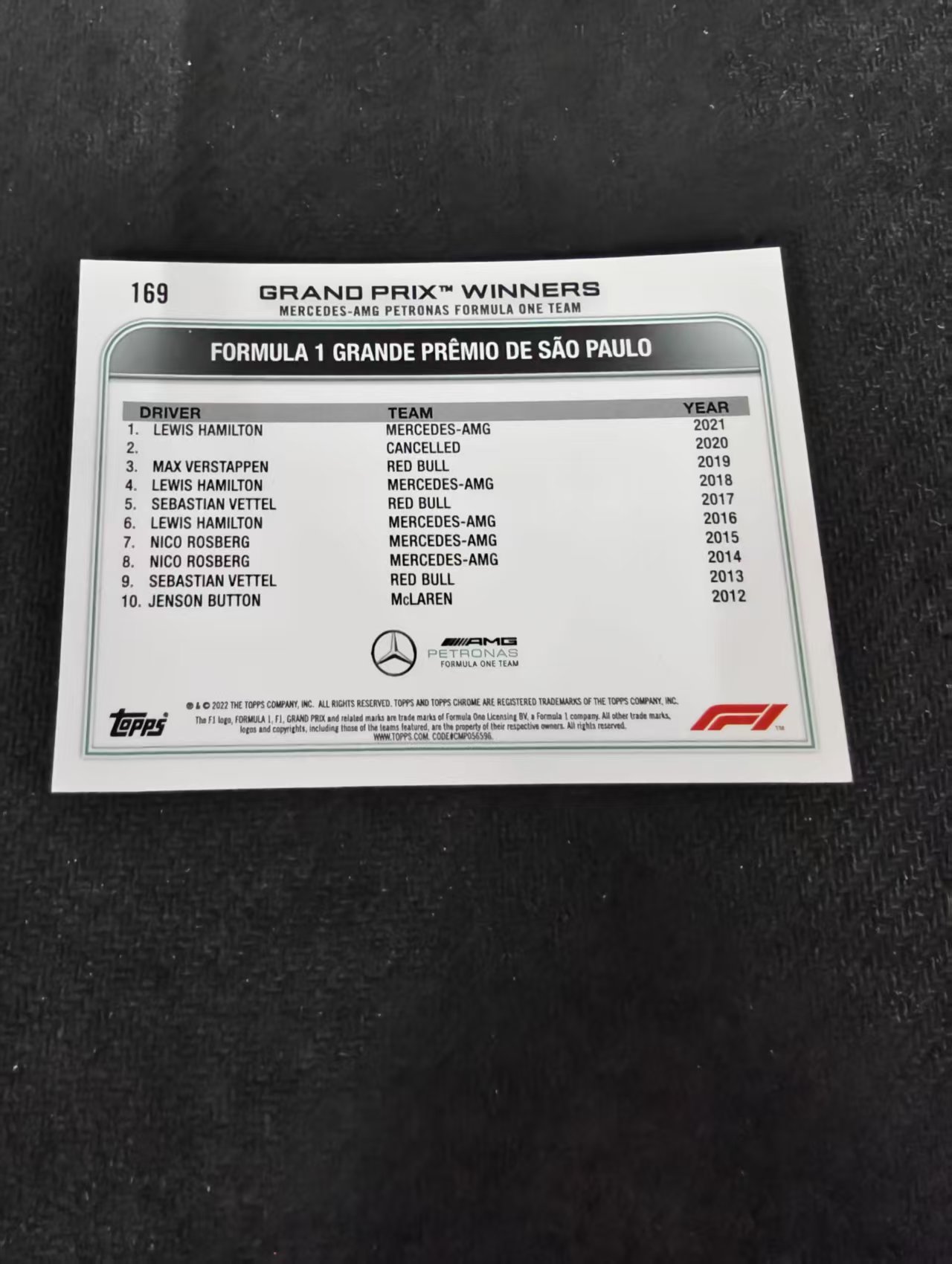 2022 Topps Chrome F1 Lewis Hamilton 刘易斯 汉密尔顿 AMG梅赛德斯奔驰 划痕 边角瑕疵 #169