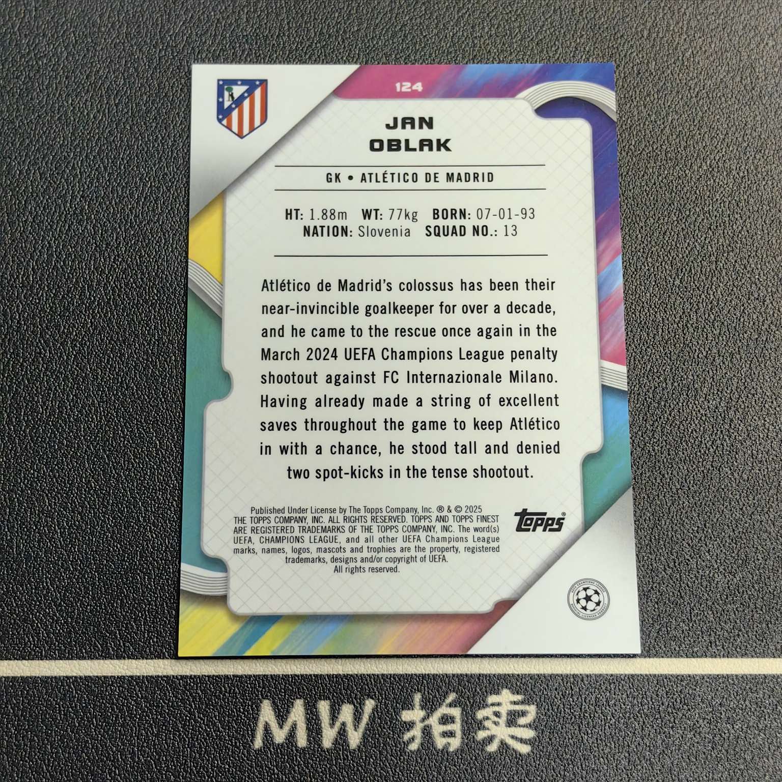 【MW拍卖 接代拍】 简 奥布拉克 /125编 2024-25 Topps FINEST 紫棱镜折 欧冠 JAN OBLAK 斯洛文尼亚 马竞 -Yzq