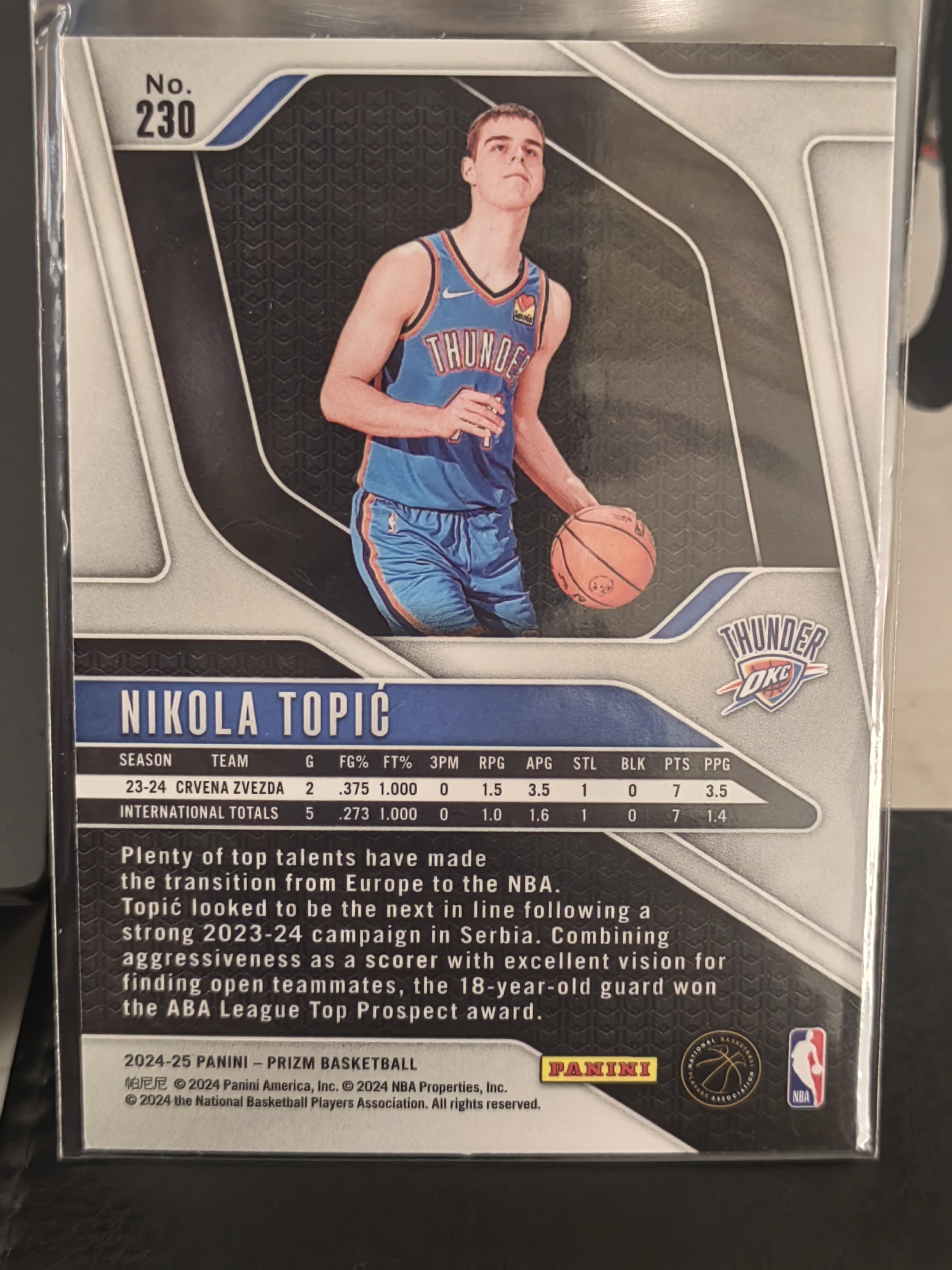 2024-25 Panini Prizm Nikola Topić RC PZ 新秀 尼古拉托皮奇 雷霆 第一张 篮 白边白角 不保卡品 卡品如图