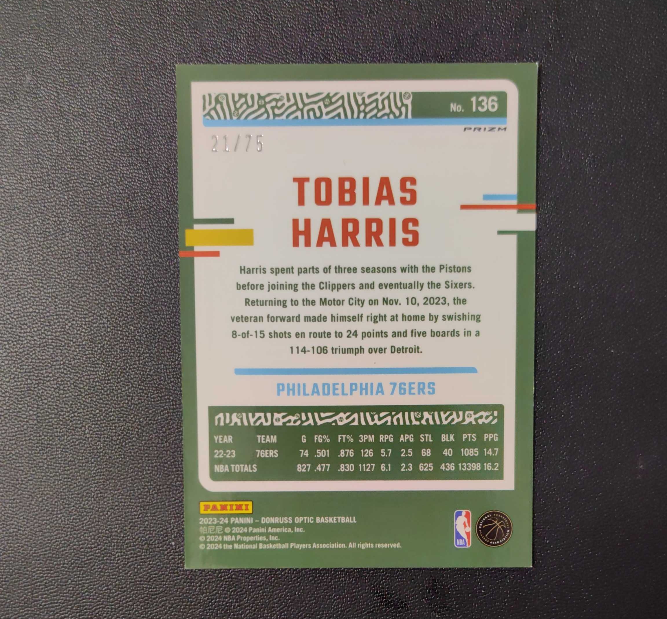 2023-24 panini donruss optic tobias harris 杜蕾斯 76人 托比亚斯 哈里斯 75编 红碎闪折 东契奇 sga 库里 文班亚马 詹姆斯