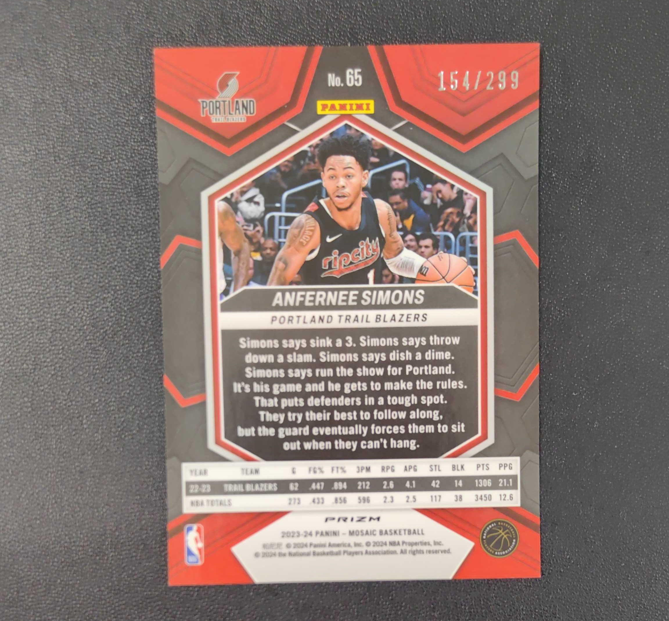 2023-24 Panini Mosaic Anfernee Simons 马赛克系列 开拓者 安芬尼 西蒙斯 红地震折 /299编 东契奇 sga 库里 文班亚马 詹姆斯 多张再拍