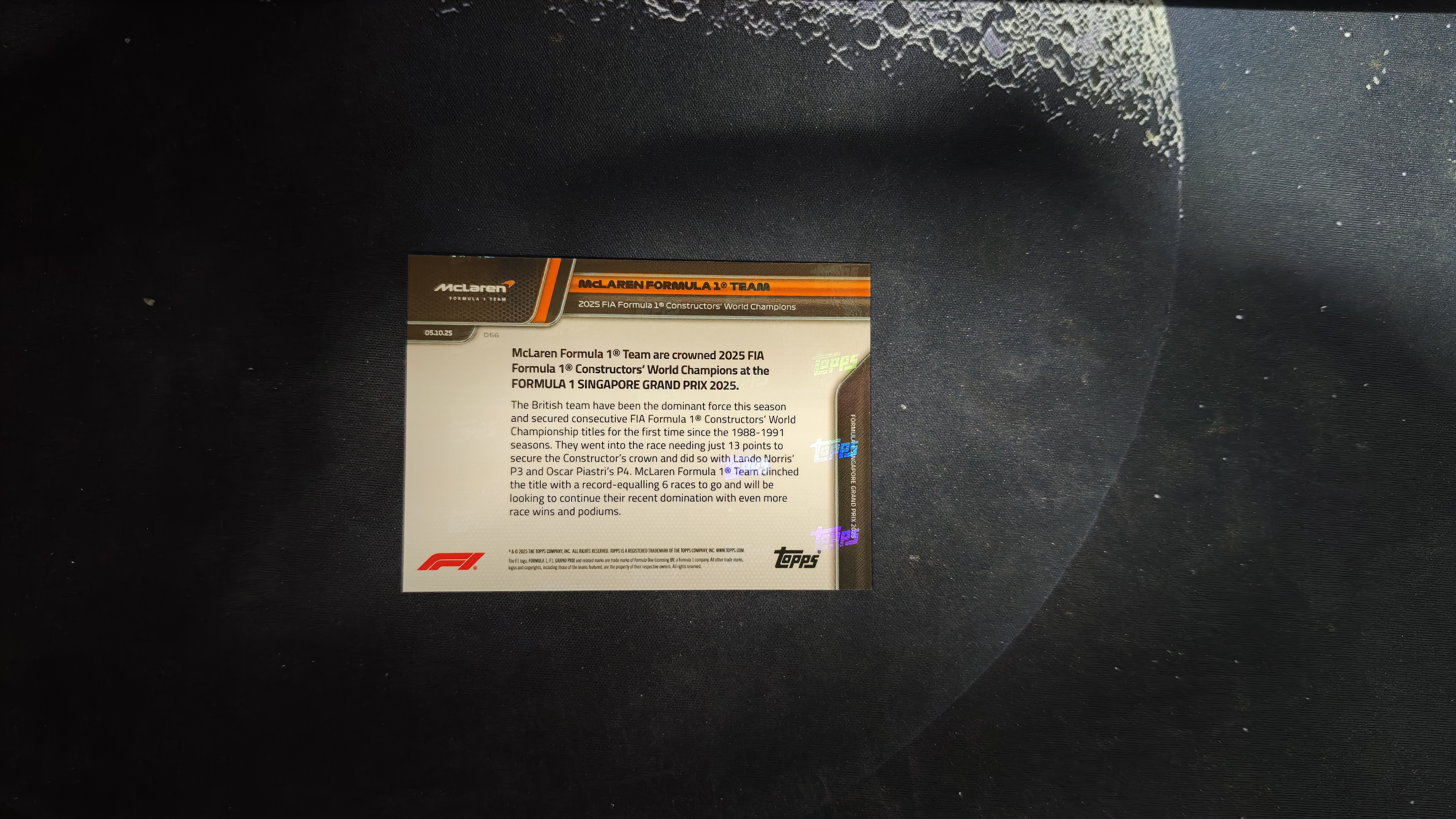 2025 Topps Topps Now 迈凯伦 【六六拍卖】迈凯伦F1新加坡站提前夺冠纪念 兰多 诺里斯 皮亚斯特里 Lando Norris Oscar Piastri,两连冠 精美选图 收藏必备