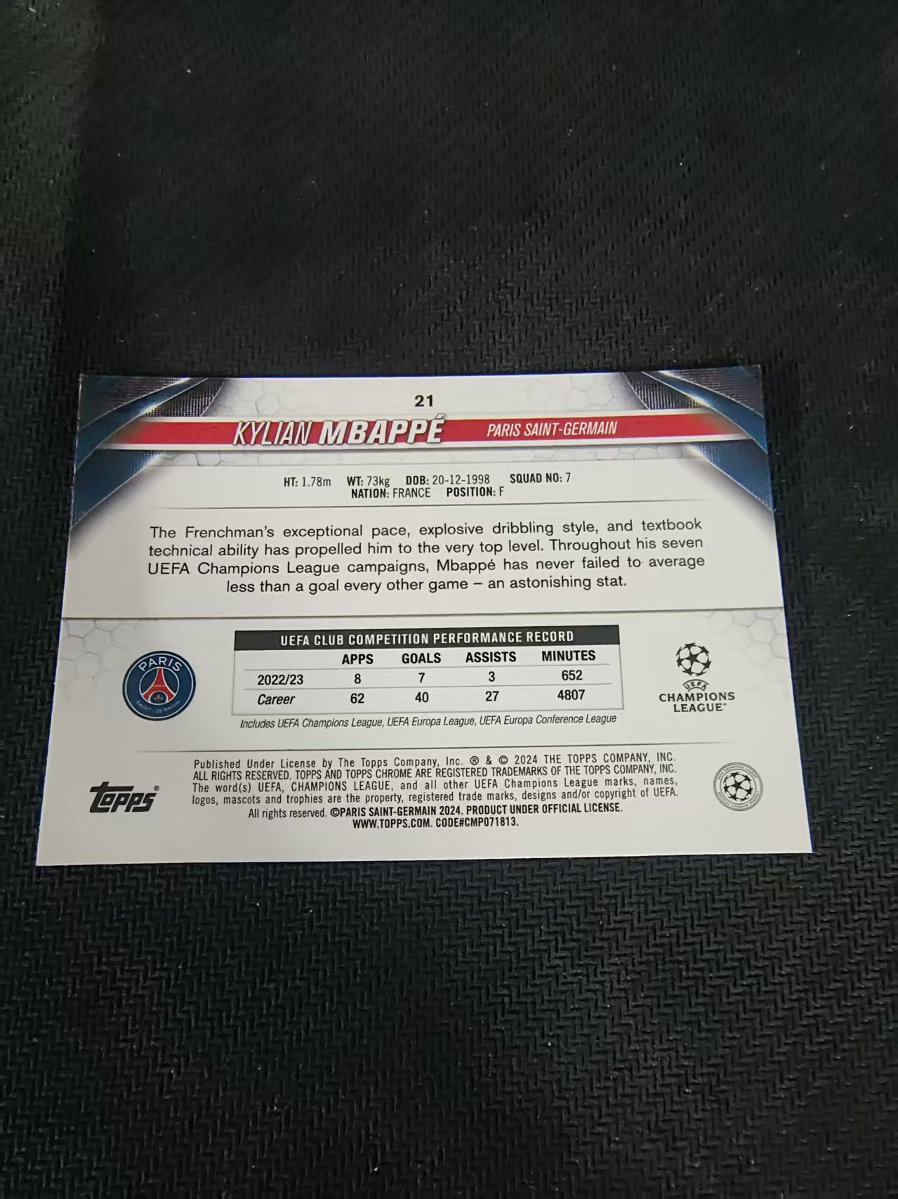 【可合并,不累计】2024-25 Topps Chrome 欧战 Kylian Mbappe 皇家马德里 姆总 基利安 姆巴佩 欧冠 划痕 边角瑕疵 #21