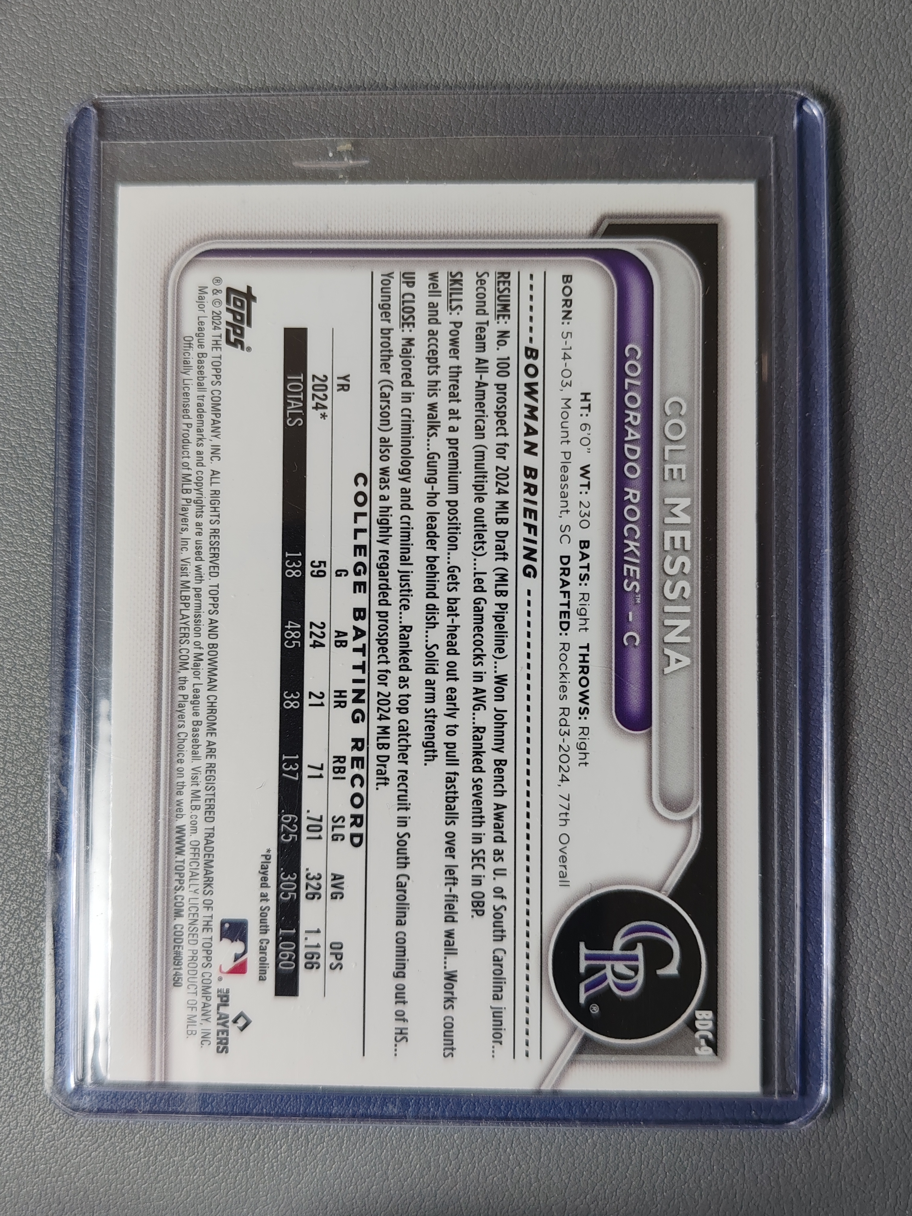 2024 Topps Bowman Cole Messina RC 1st 青折!【001】