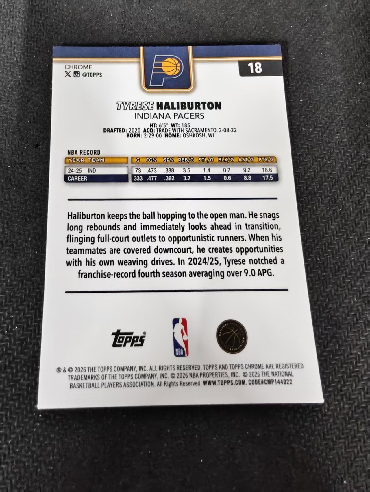 2026 Topps Chrome Update Tyrese Haliburton 泰瑞斯 哈利伯顿 步行者 黑白折 TCU 划痕 边角瑕疵 #18