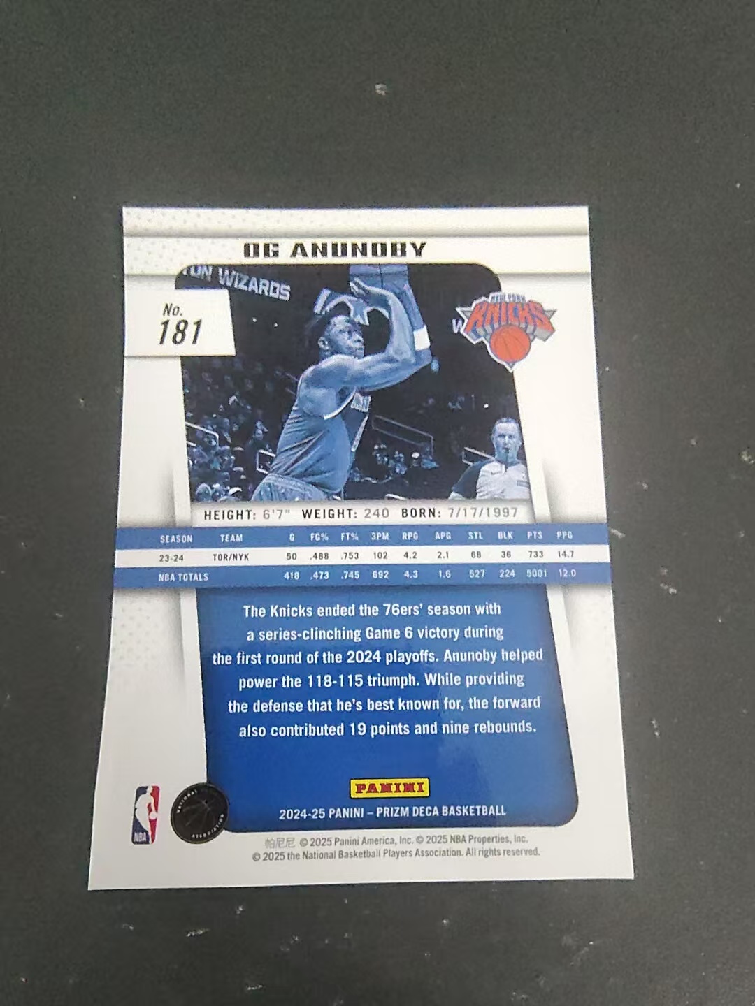 【可合并,不累计】2024-25 Panini Prizm Deca OG Anunoby 尼克斯 OG 阿奴诺比 PZ 复刻 划痕 边角瑕疵 #181