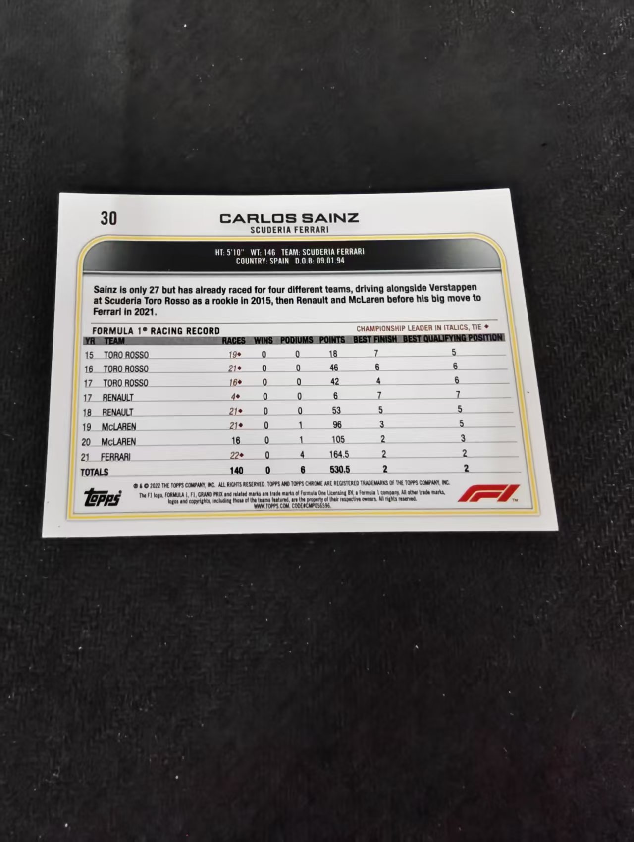 2022 Topps Chrome F1 Carlos Sainz 卡洛斯 塞恩斯 法拉利 划痕 边角瑕疵 #30