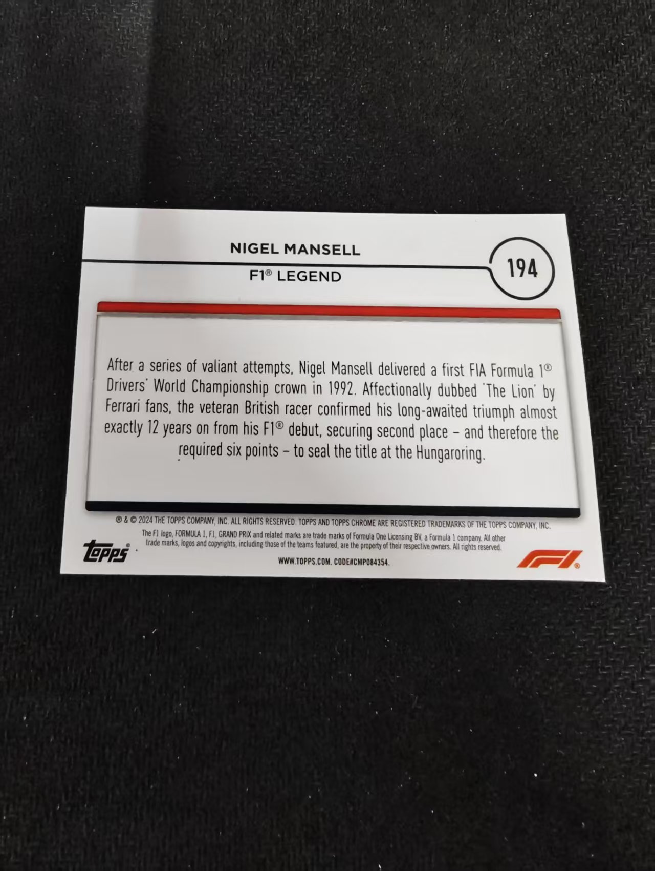 2024 Topps Chrome Nigel Mansell F1 尼格尔 曼塞尔 划痕 边角瑕疵 #194