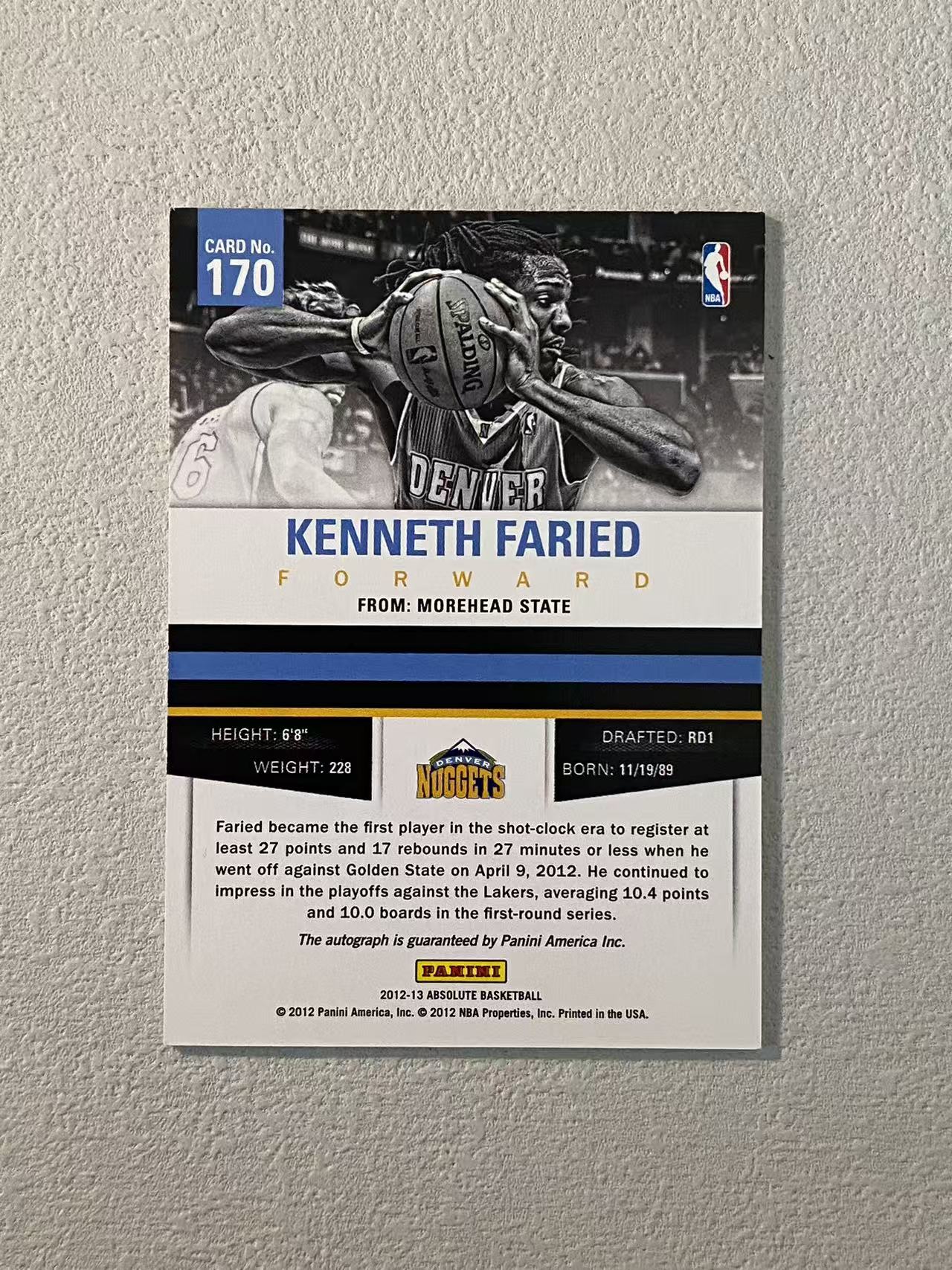 2012-13 Panini Absolute Kenneth Faried RC abs 掘金 新秀rc 半兽人 法里德 /299编 签字 收藏必备