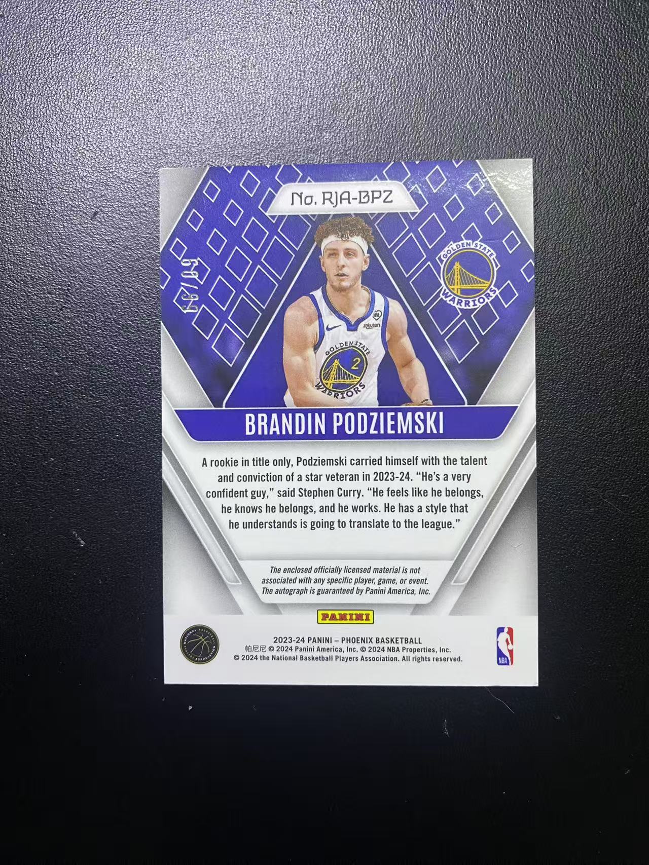 2023-24 Panini Phoenix Brandin Podziemski RC 勇士 新秀年 波杰姆斯基 凤凰 RJA 球衣 物料 切割 签字 紫折 99编 卡品如图 值得收藏 LR