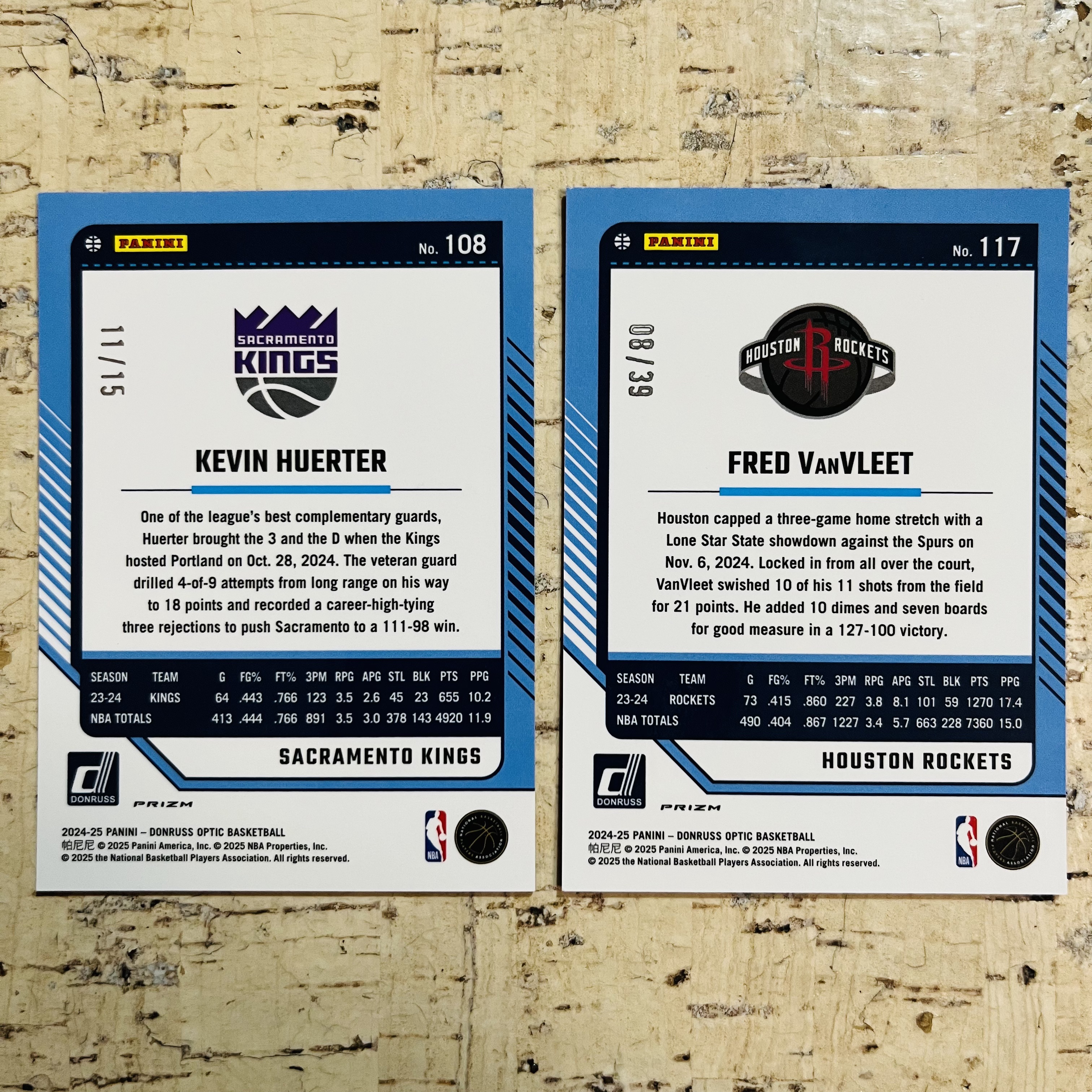 2024-25 Panini Optic Kevin Huerter 国王 凯文 许尔特 限量 15编 低编 黑潘多拉折 火箭 范弗里特 限量 39编 黑镭射折 2张打包 一张背面左上角微瑕见图三