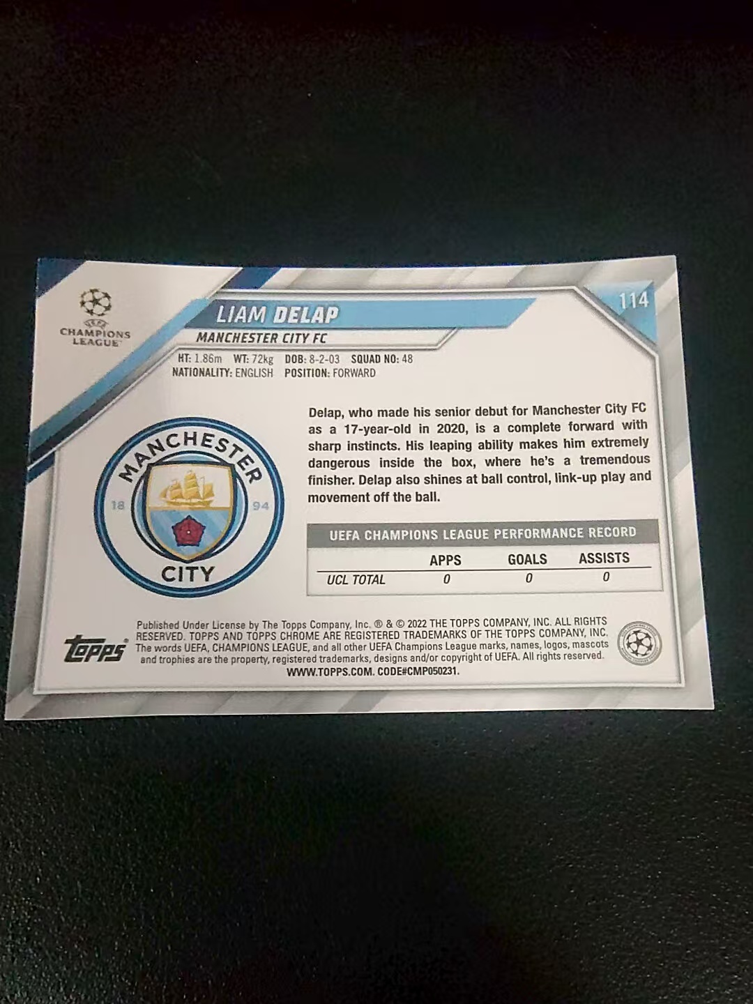 【可合并,不累计】2022 Topps Chrome Liam Delap RC 利亚姆 德拉普 欧冠 划痕 边角瑕疵 #114