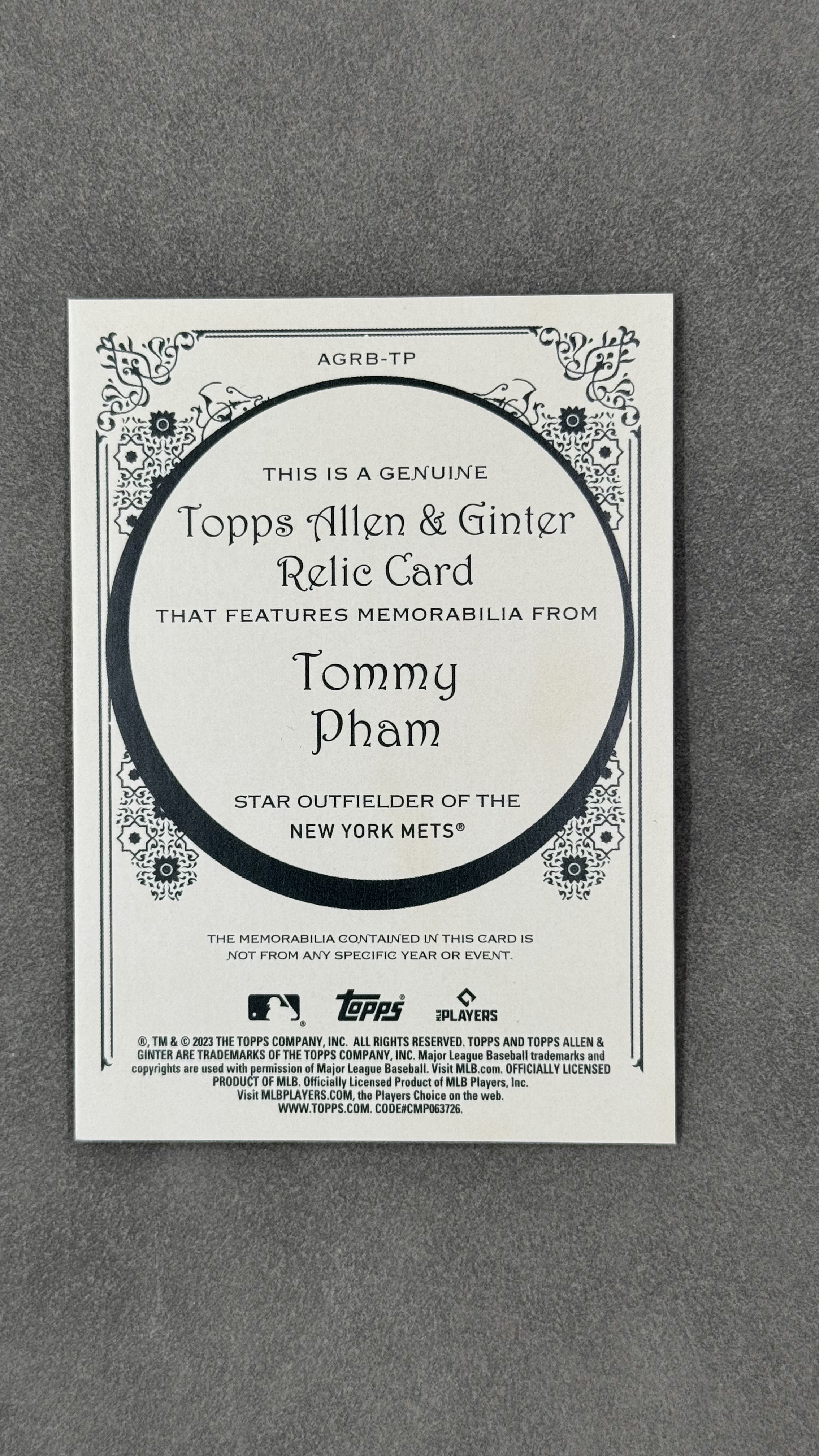 2023 Topps Allen & Ginter Tommy Pham 纽约大都会队 汤米・范 小窗球棒切割 球棒物料 实卡好看 值得凑套收藏 #AGRB-TP