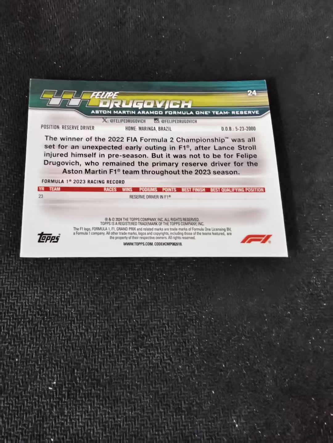 2024 Topps Paddock Pass F1 Felipe Drugovich 阿斯顿马丁 德鲁戈维奇 德科维奇 围场通行证 划痕 边角瑕疵 #24