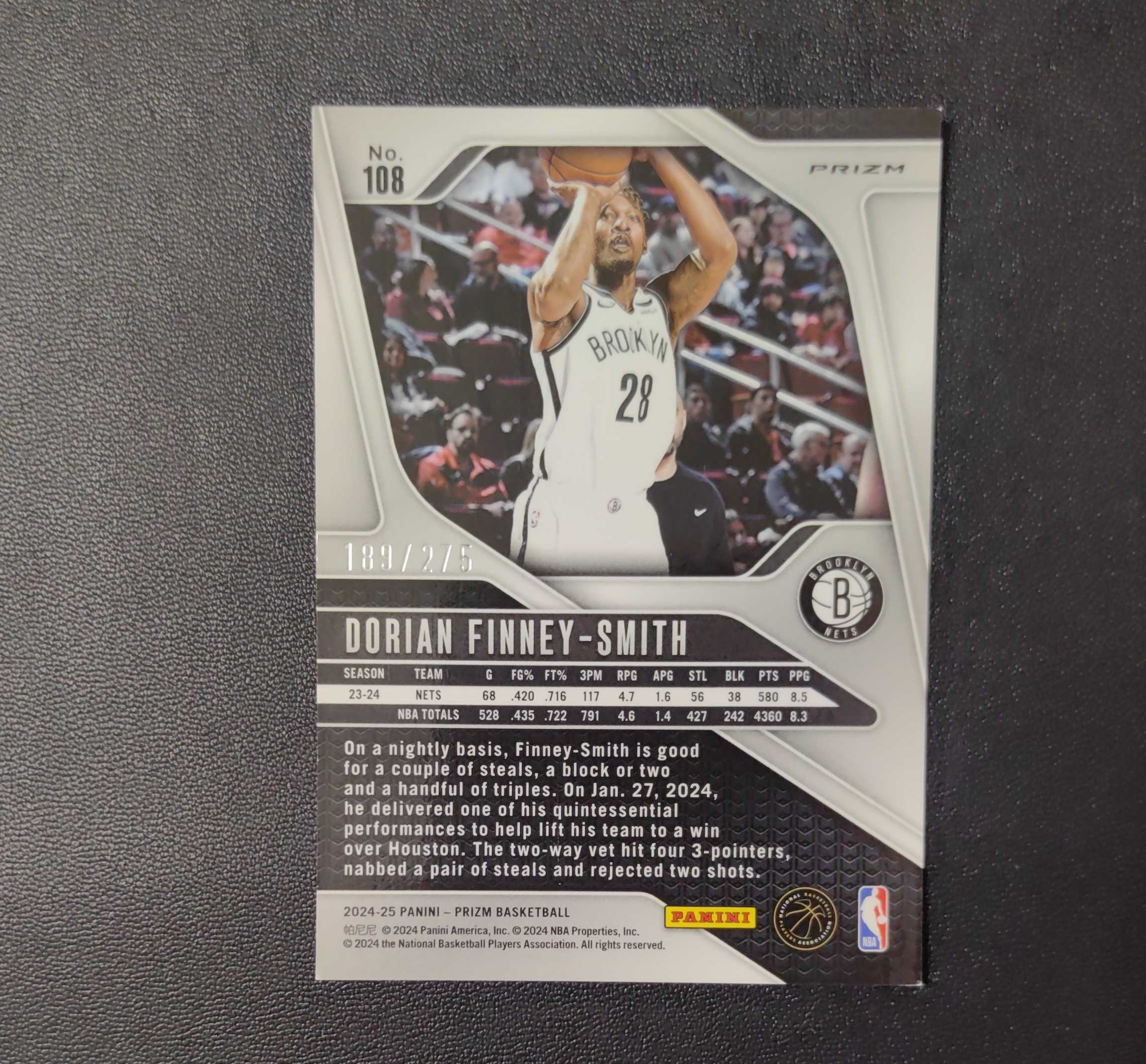 2024-25 帕尼尼 Prizm Dorian Finney-Smith PZ 多利安 芬尼 史密斯 篮网 275编 白镭射折 东契奇 sga 库里 文班亚马 詹姆斯 湖人 勇士 马刺 第二张