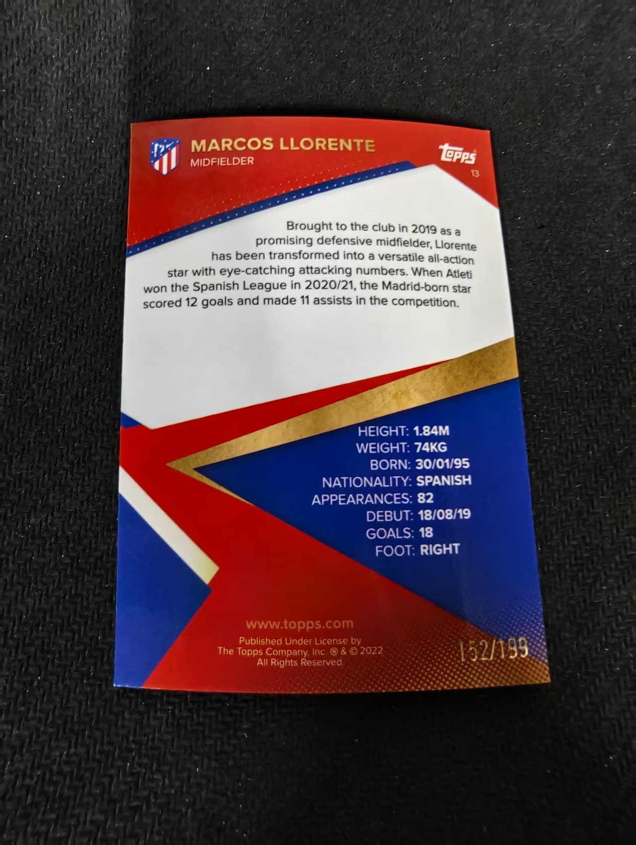 【可合并,不累计】2022 Topps 马竞队盒 Marcos Llorente Team Set 马科斯 略伦特 马德里竞技 银折 199编 划痕 边角瑕疵