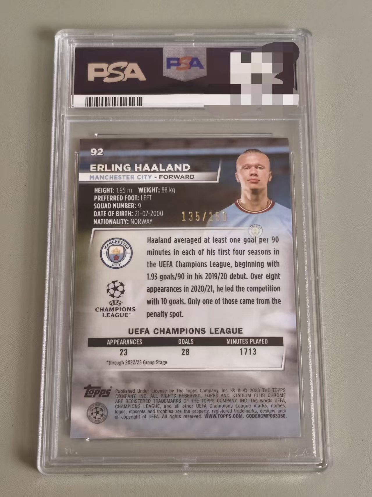 2023 Topps Stadium Club Chrome Erling Haaland 哈兰德 粉波纹折 135/150编 PSA10分 欧冠 竞技场 挪威 曼城 最佳射手 专收必备(非洲鲫)