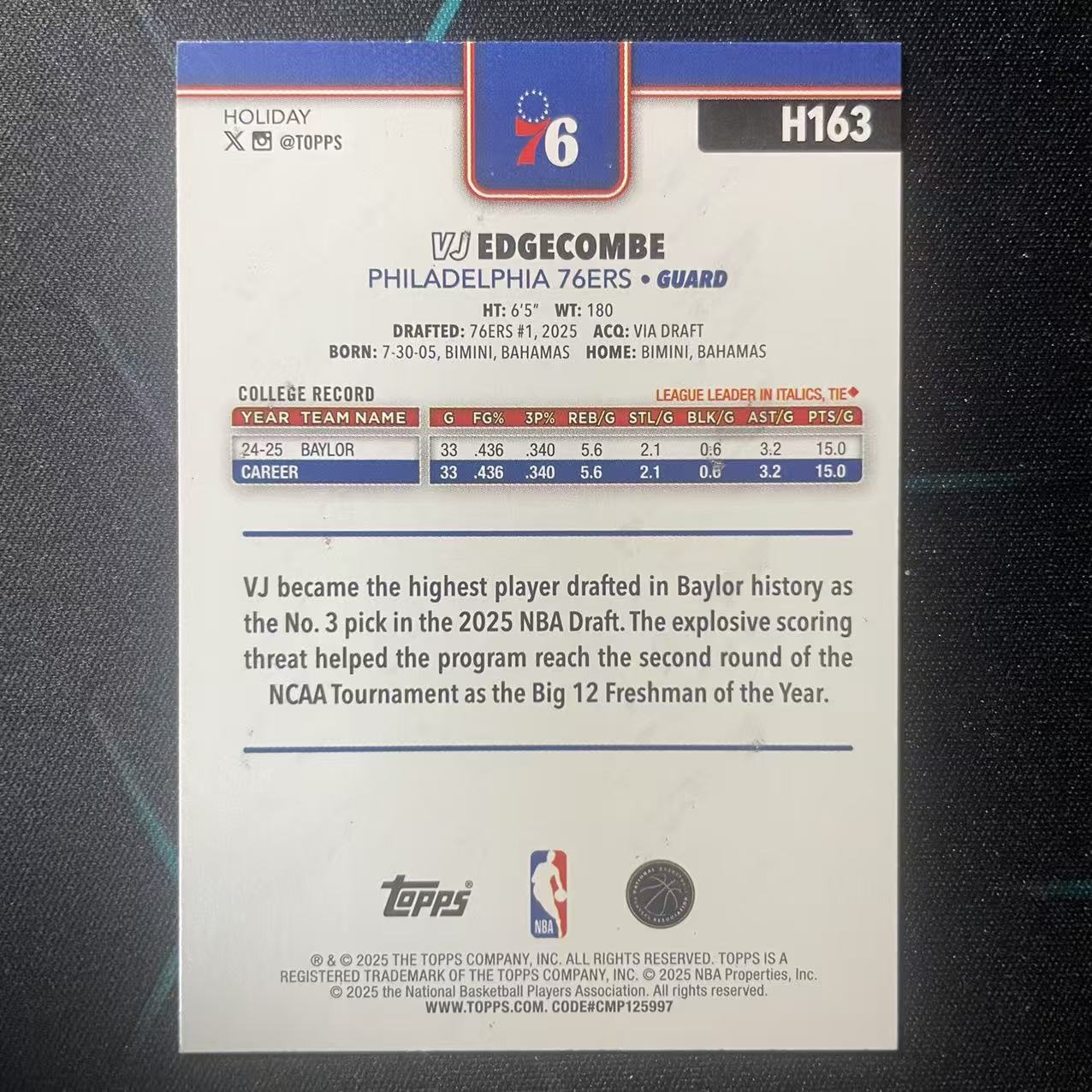 2025 Topps Flagship VJ Edgecombe RC 【阿福代卖】 VJ 埃奇库姆 76人 新秀 雪花折 圣诞 假日独占 收藏必备(行行行)